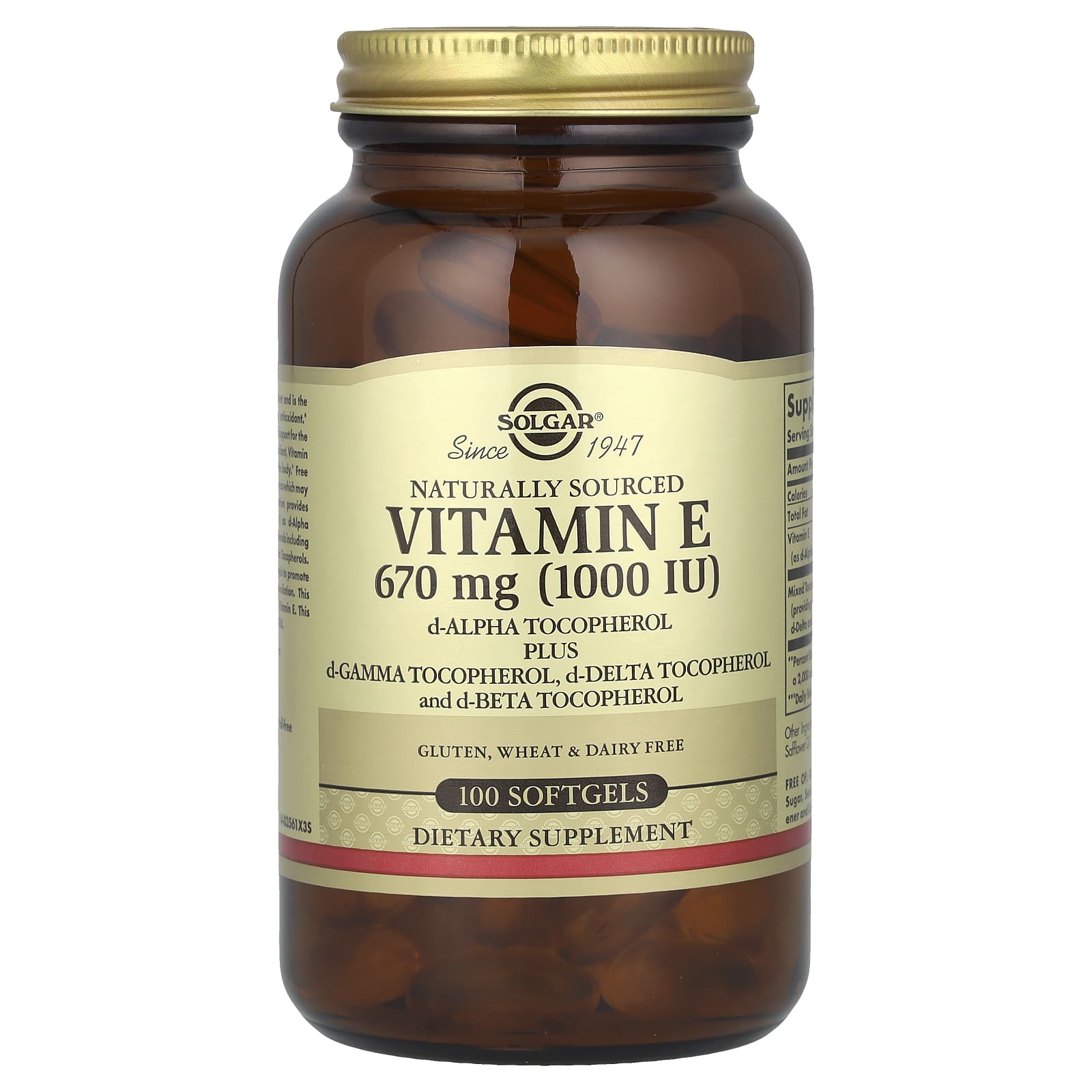 Solgar, Vitamin E, d-Alpha Tocopherol Plus d-Gamma Tocopherol, d-Delta Tocopherol and d-Beta Tocopherol, 100 Softgels