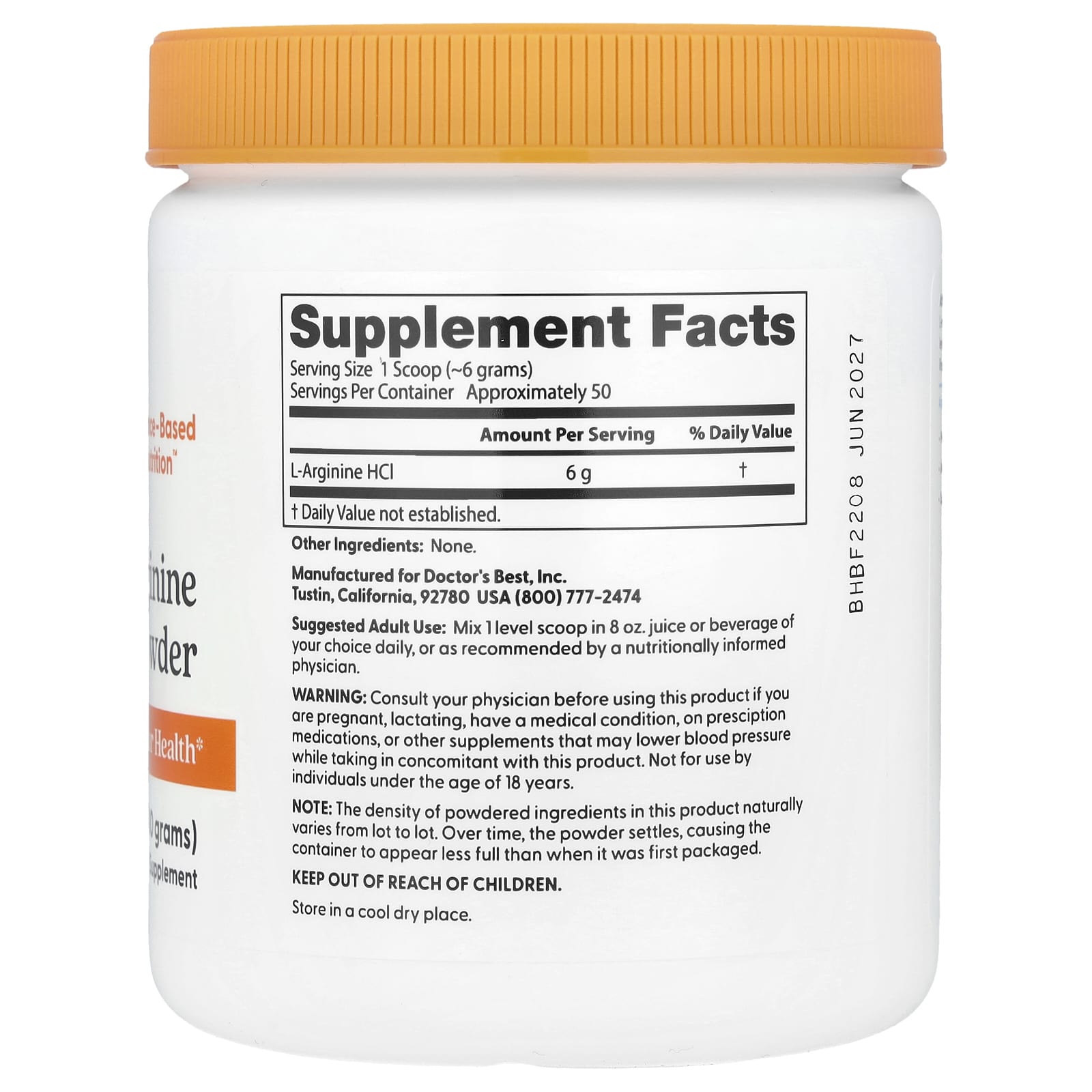 Doctor's Best, Pure L-Arginine Powder, 10.6 oz (300 g)