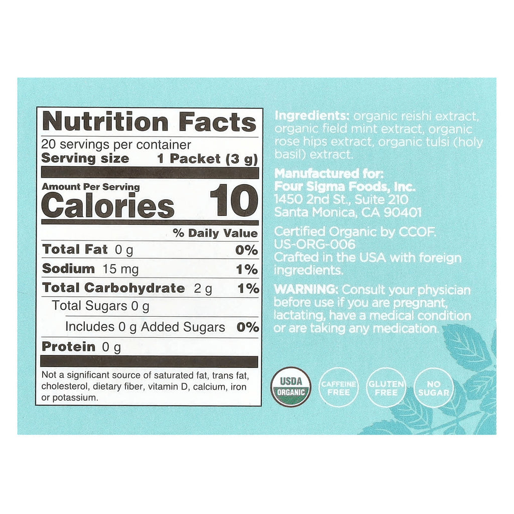 Four Sigmatic, Calm, Organic Elixir Mix With Reishi Mushroom & Tulsi, Caffeine Free, 20 Packets, 0.1 oz (3 g) Each