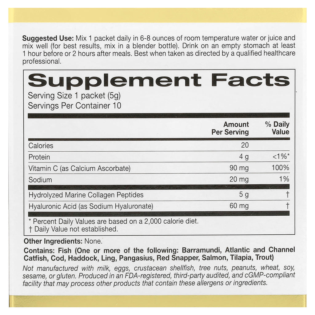 California Gold Nutrition, CollagenUP®, Hydrolyzed Marine Collagen Peptides with Hyaluronic Acid and Vitamin C, Unflavored, 10 Packets, 0.18 oz (5 g) Each