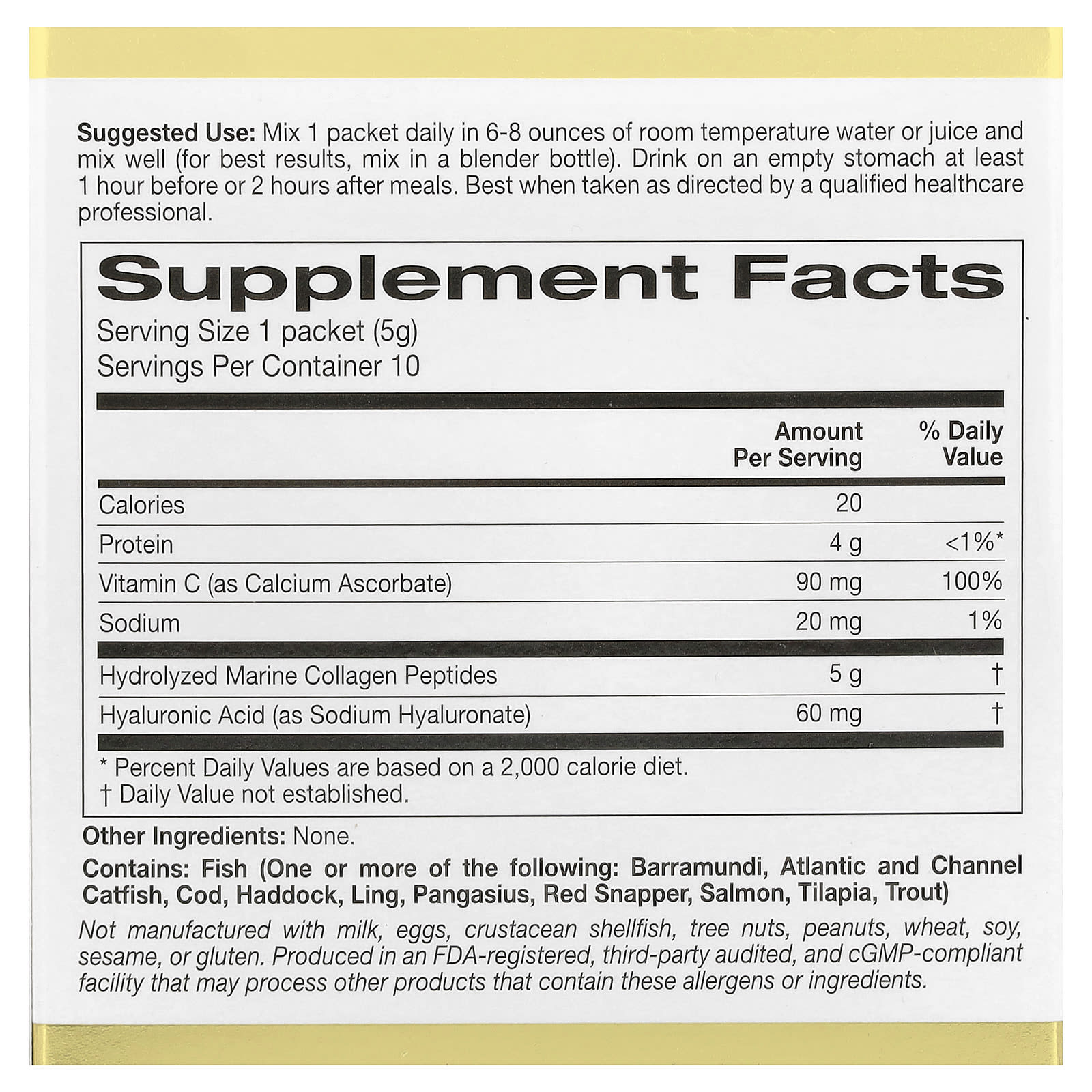 California Gold Nutrition, CollagenUP®, Hydrolyzed Marine Collagen Peptides with Hyaluronic Acid and Vitamin C, Unflavored, 10 Packets, 0.18 oz (5 g) Each