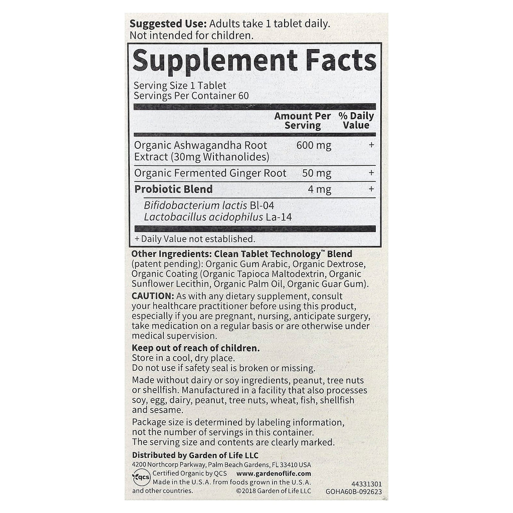 Garden of Life, Organics, Ashwagandha, 60 Vegan Tablets (600 mg per Tablet)