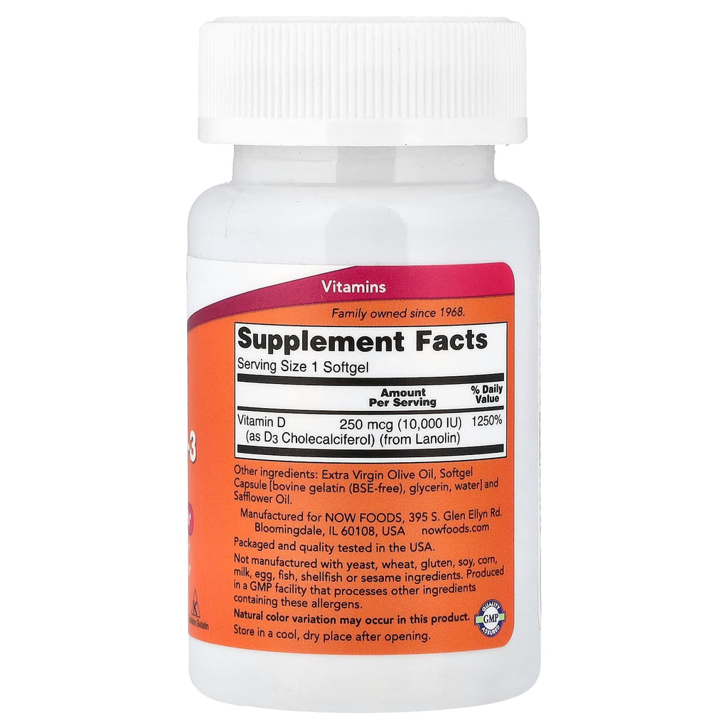 NOW Foods, Vitamin D-3, High Potency , 10,000 IU, 120 Softgels