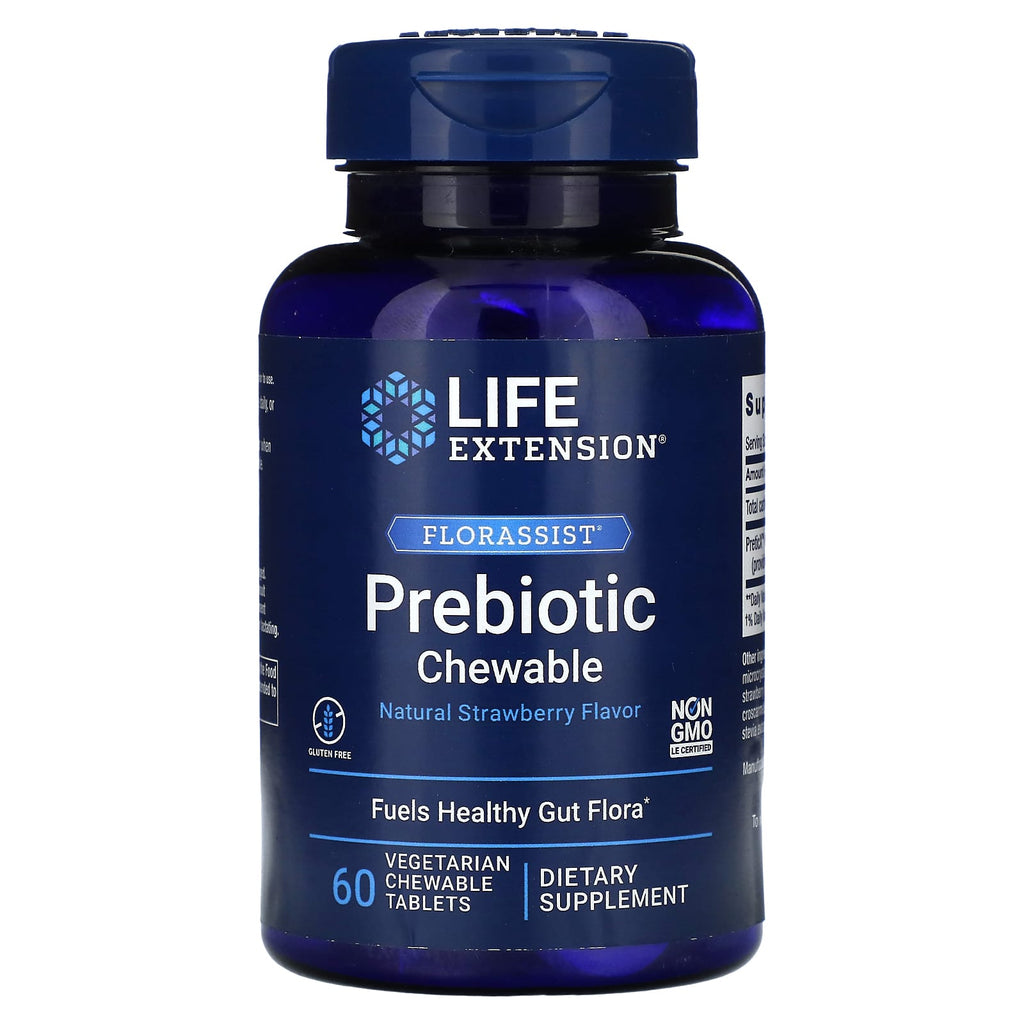 Life Extension, Florassist Prebiotic Chewable, Natural Strawberry, 60 Vegetarian Chewable Tablets (1,400 mg per Tablet)