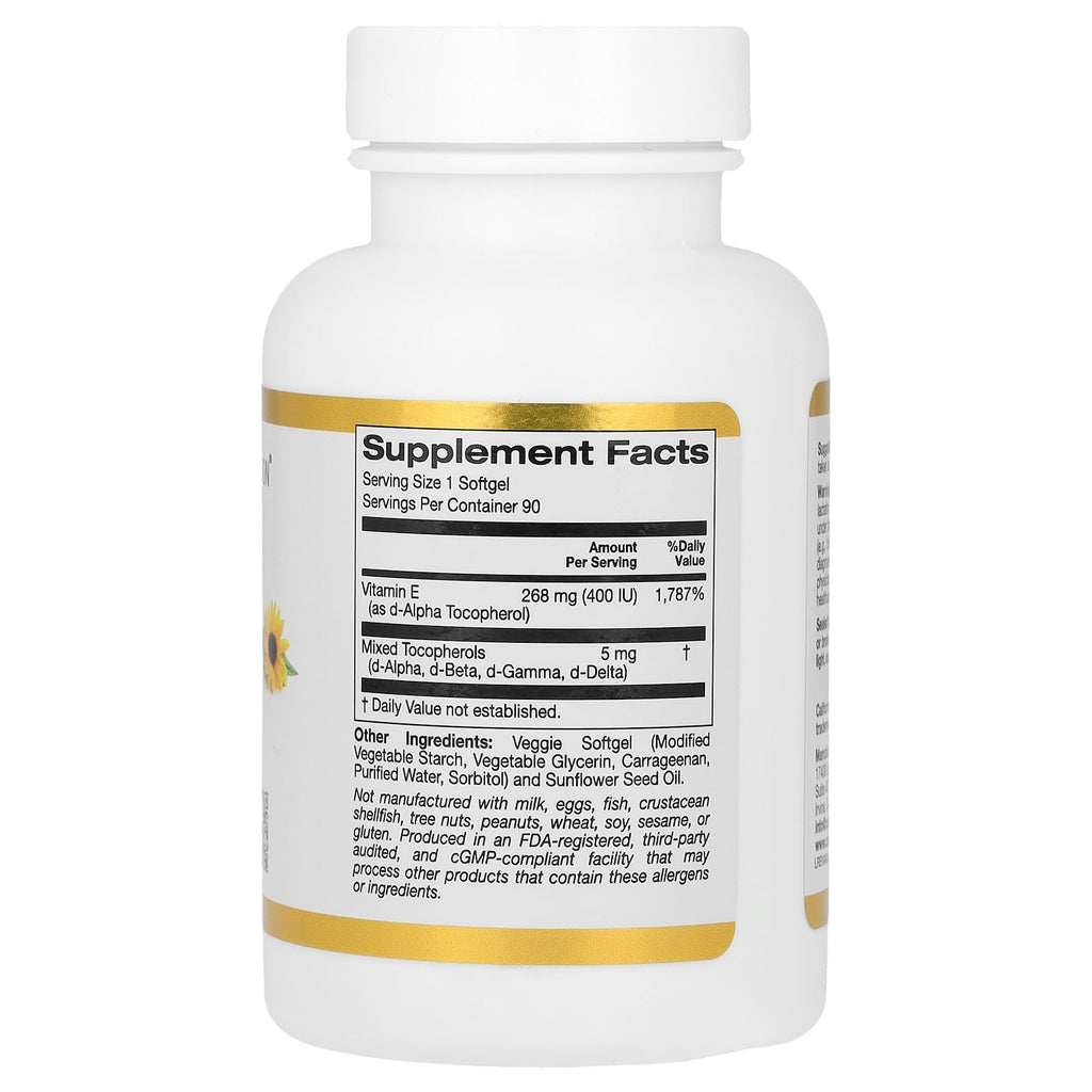 California Gold Nutrition, Sunflower Vitamin E with Mixed Tocopherols, 400 IU, 90 Veggie Softgels
