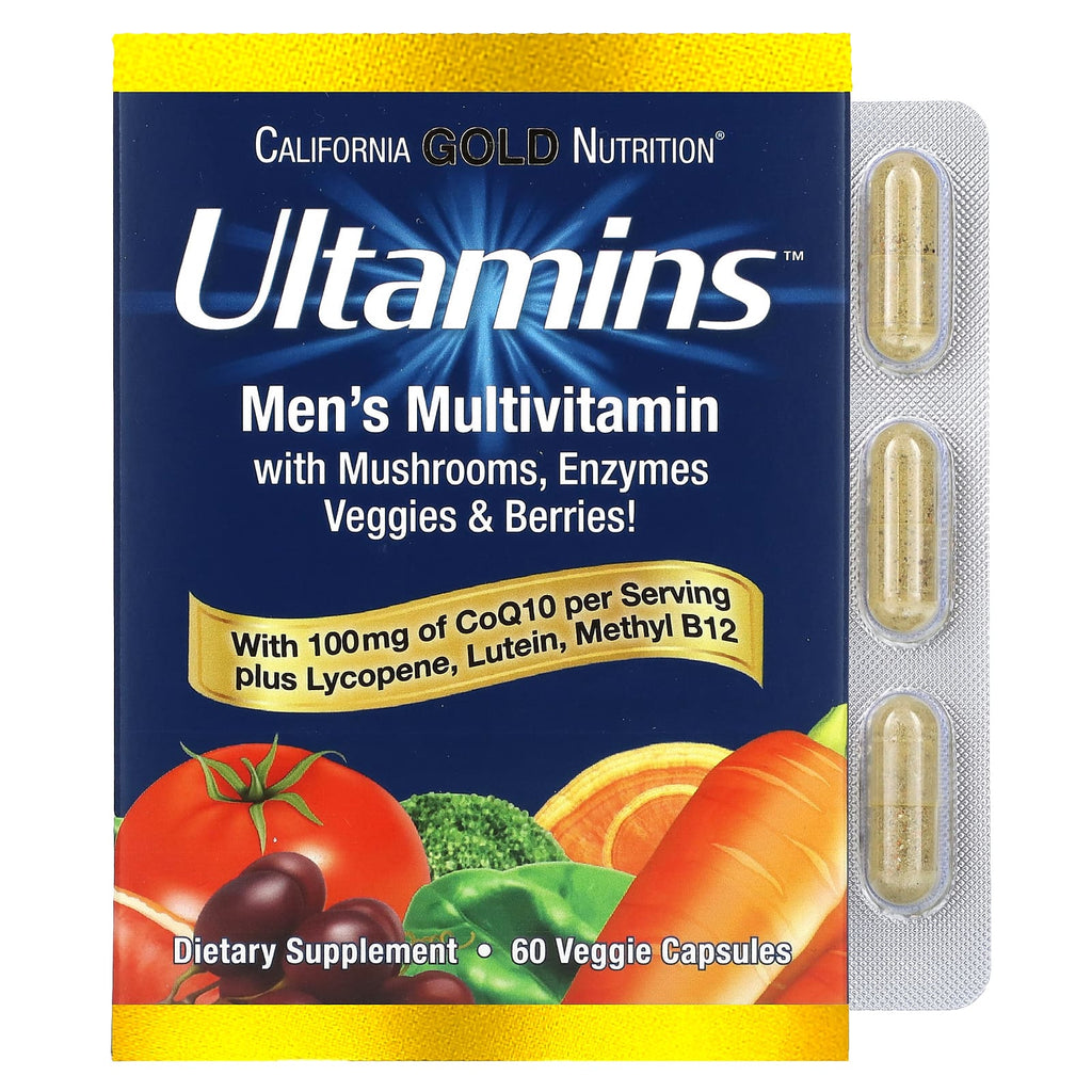 California Gold Nutrition, Ultamins Men's Multivitamin with CoQ10, Mushrooms, Enzymes, Veggies & Berries, 60 Veggie Capsules