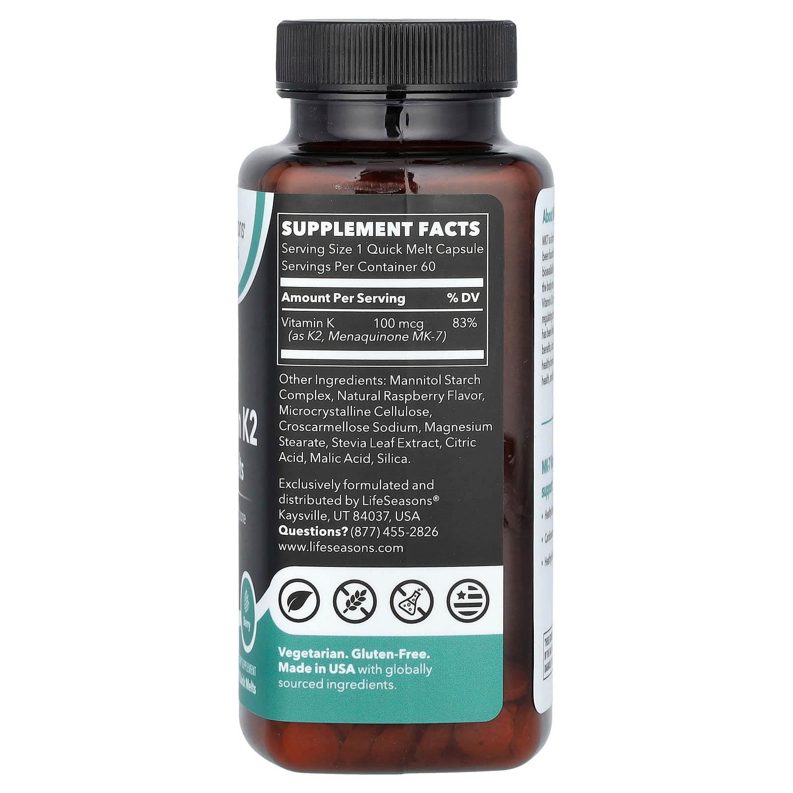 LifeSeasons, Essential, MK-7 Vitamin K2 , Quick Melts, Berry, 60 Quick Melts (100 mcg per Melt)