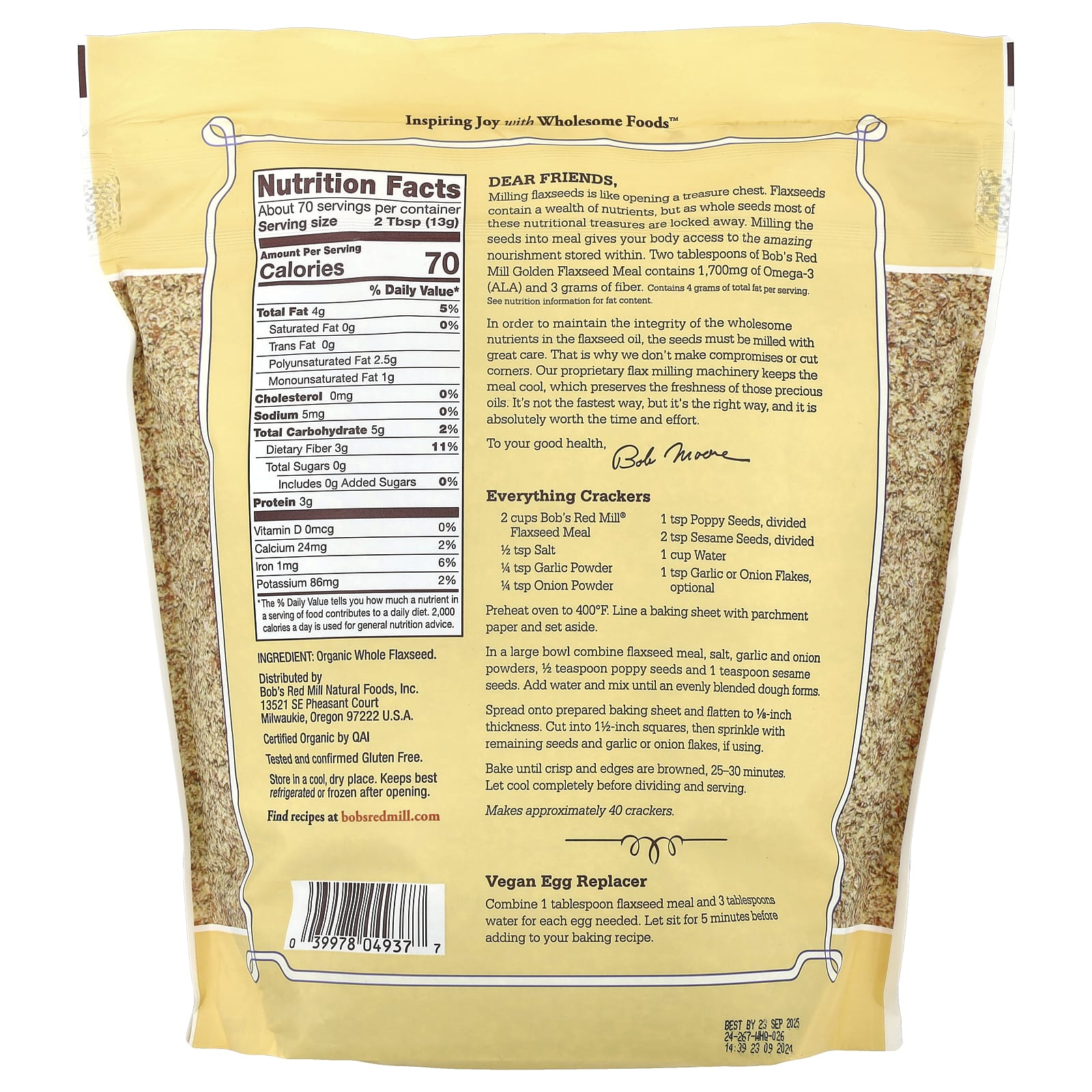 Bob's Red Mill, Organic Flaxseed Meal, Whole Ground, 32 oz (907 g)