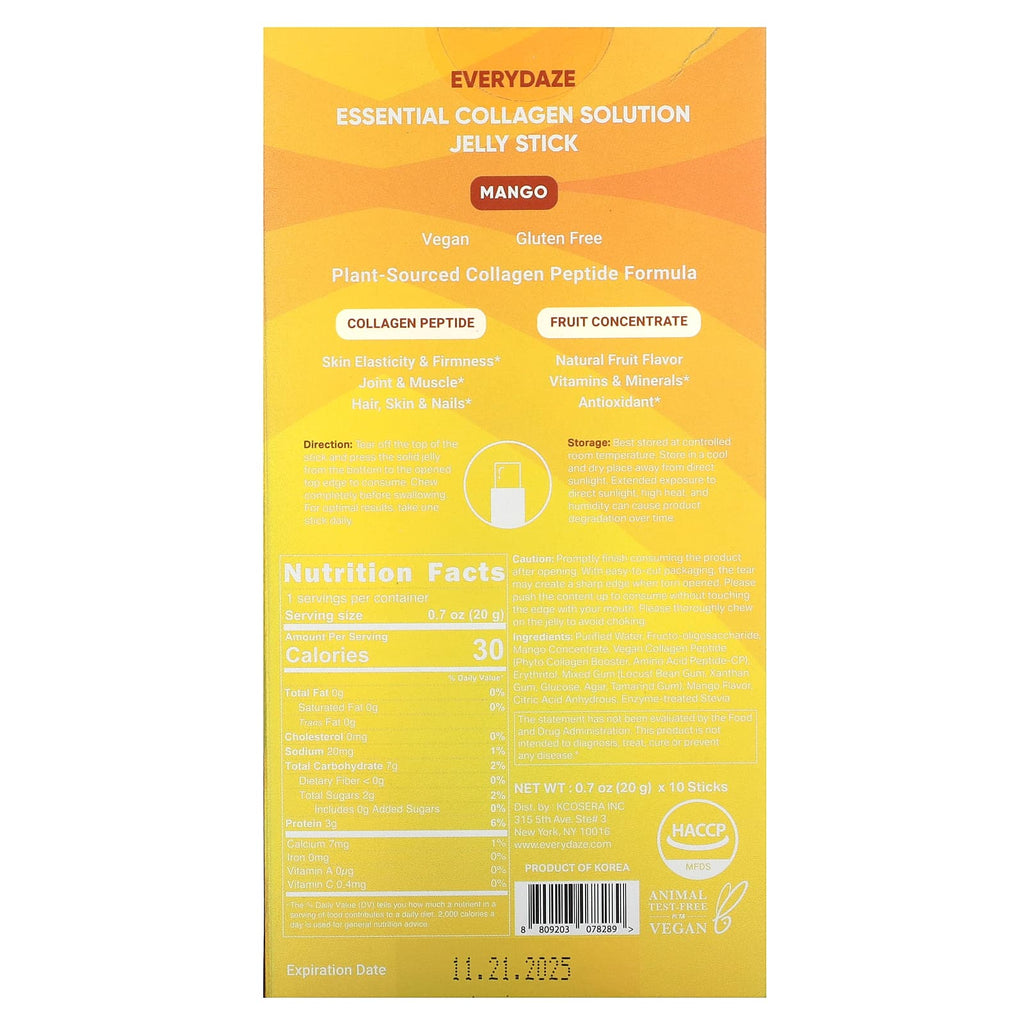 Everydaze, Essential Collagen Solution Jelly Stick, Mango, 3,000 mg, 10 Sticks, 0.7 oz (20 g) Each