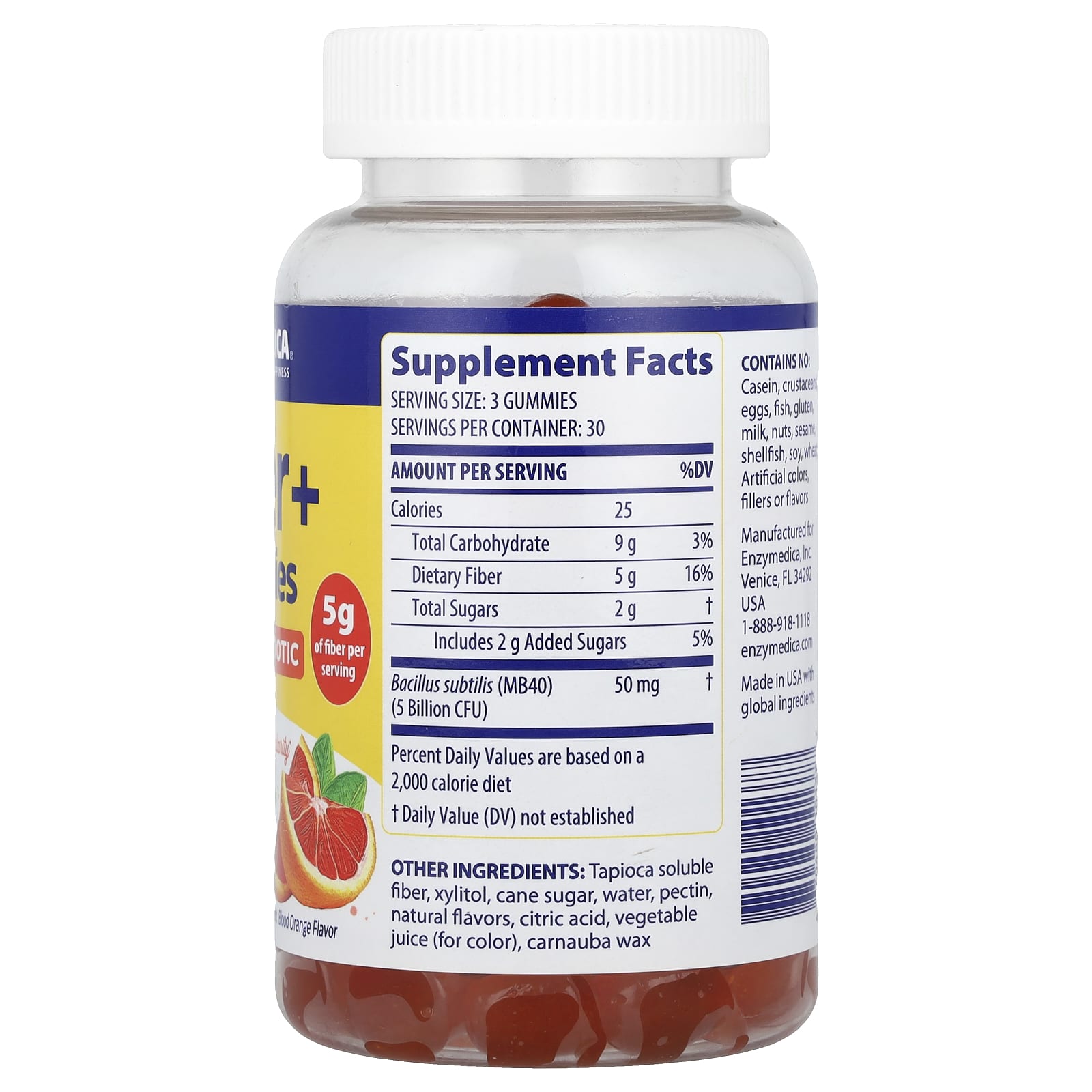 Enzymedica, Fiber+ Gummies, Pre & Probiotic, Blood Orange, 90 Gummies