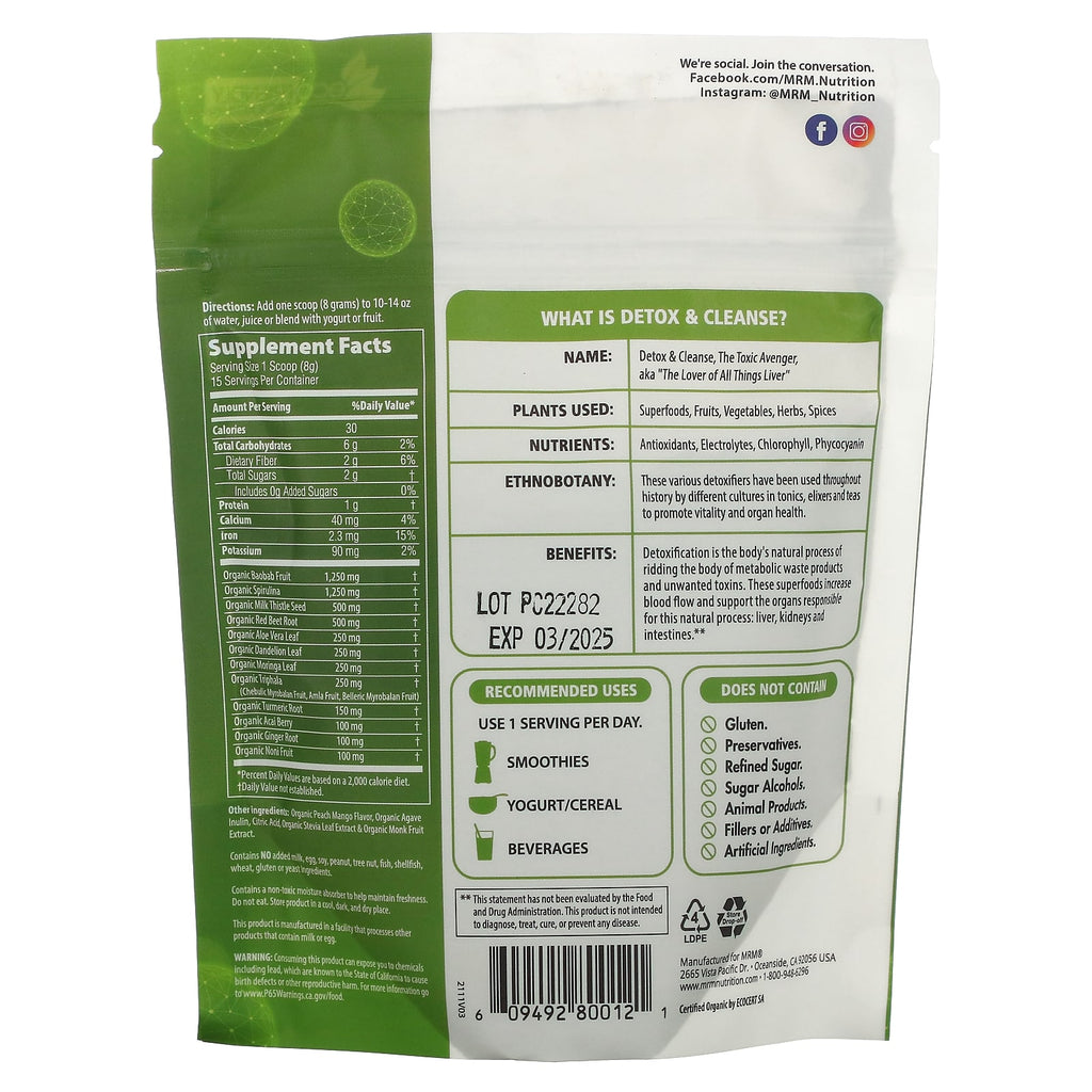 MRM Nutrition, Organic Detox & Cleanse Powder, Peach Mango, 4.2 oz (120 g)