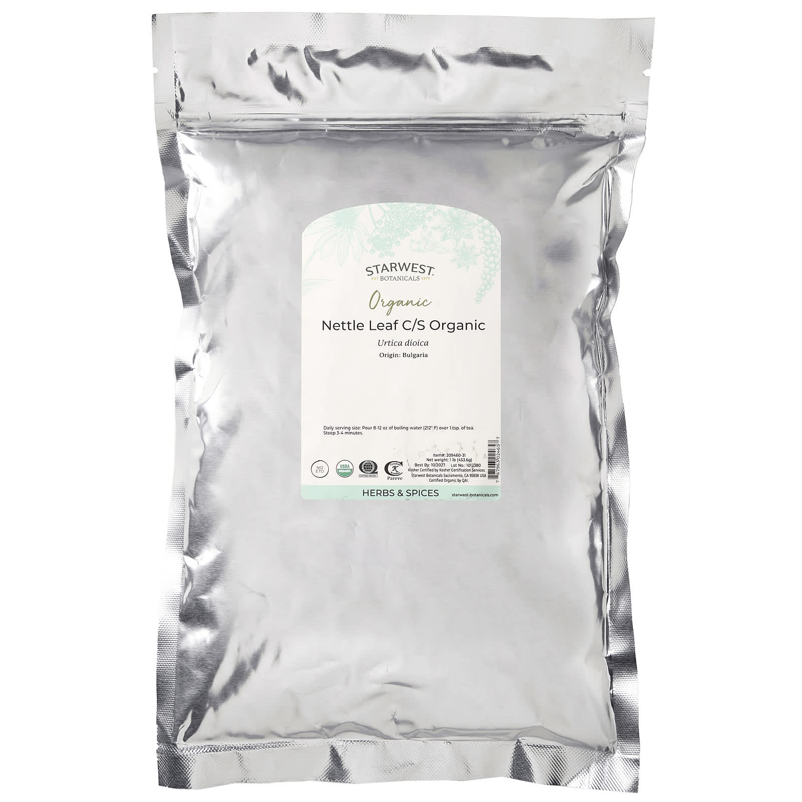 Starwest Botanicals, Organic Nettle Leaf C/S, 1 lb (453.6 g)