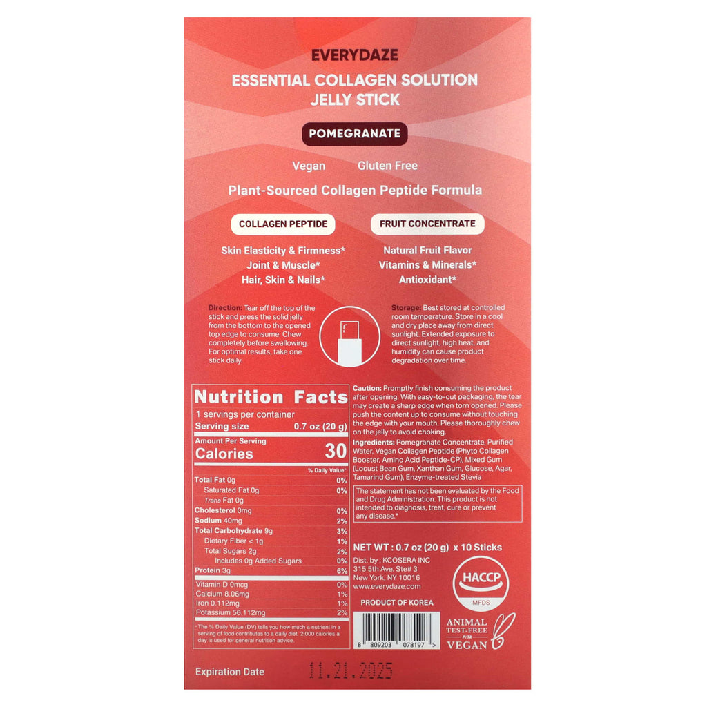 Everydaze, Essential Collagen Solution Jelly Stick, Pomegranate, 3,000 mg, 10 Sticks, 0.7 oz (20 g) Each