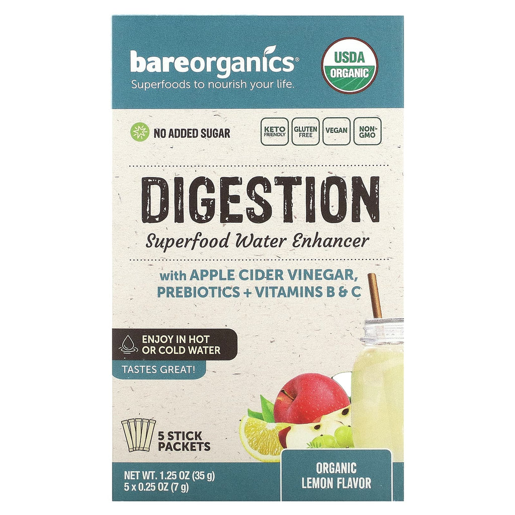 BareOrganics, Digestion, Superfood Water Enhancer, Organic Lemon, 5 Stick Packets, 0.25 oz (7 g) Each
