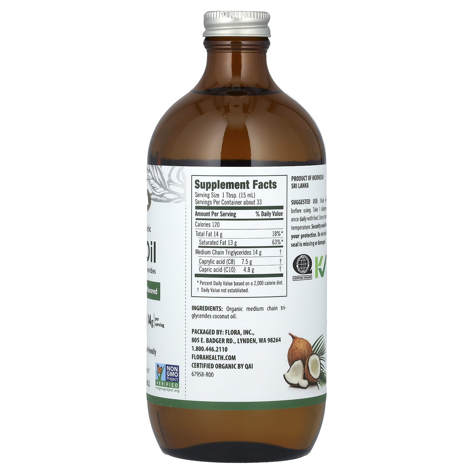 Flora, Certified Organic MCT Oil, Unflavored, 14 g, 17 fl oz (500 ml)