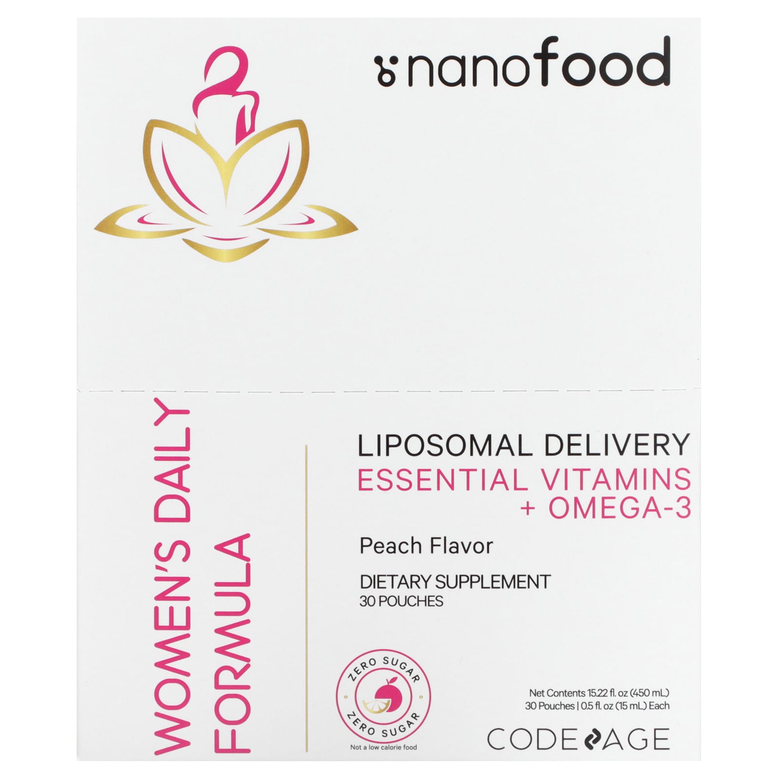 Codeage, Nanofood, Women's Daily Formula, Liposomal Delivery, Essential Vitamins + Omega-3, Peach, 30 Pouches, 0.5 fl oz (15 ml) Each