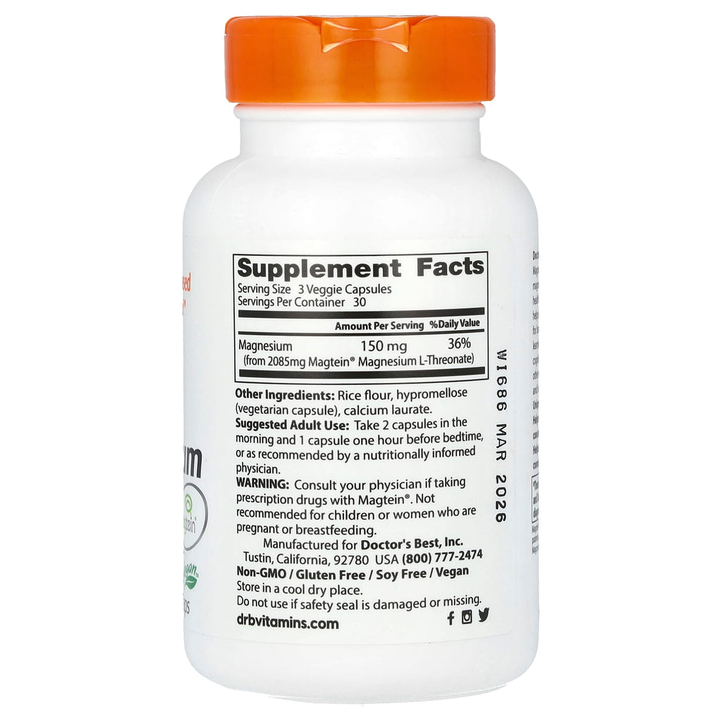 Doctor's Best, Brain Magnesium with Magtein, 90 Veggie Caps (50 mg per Capsule)