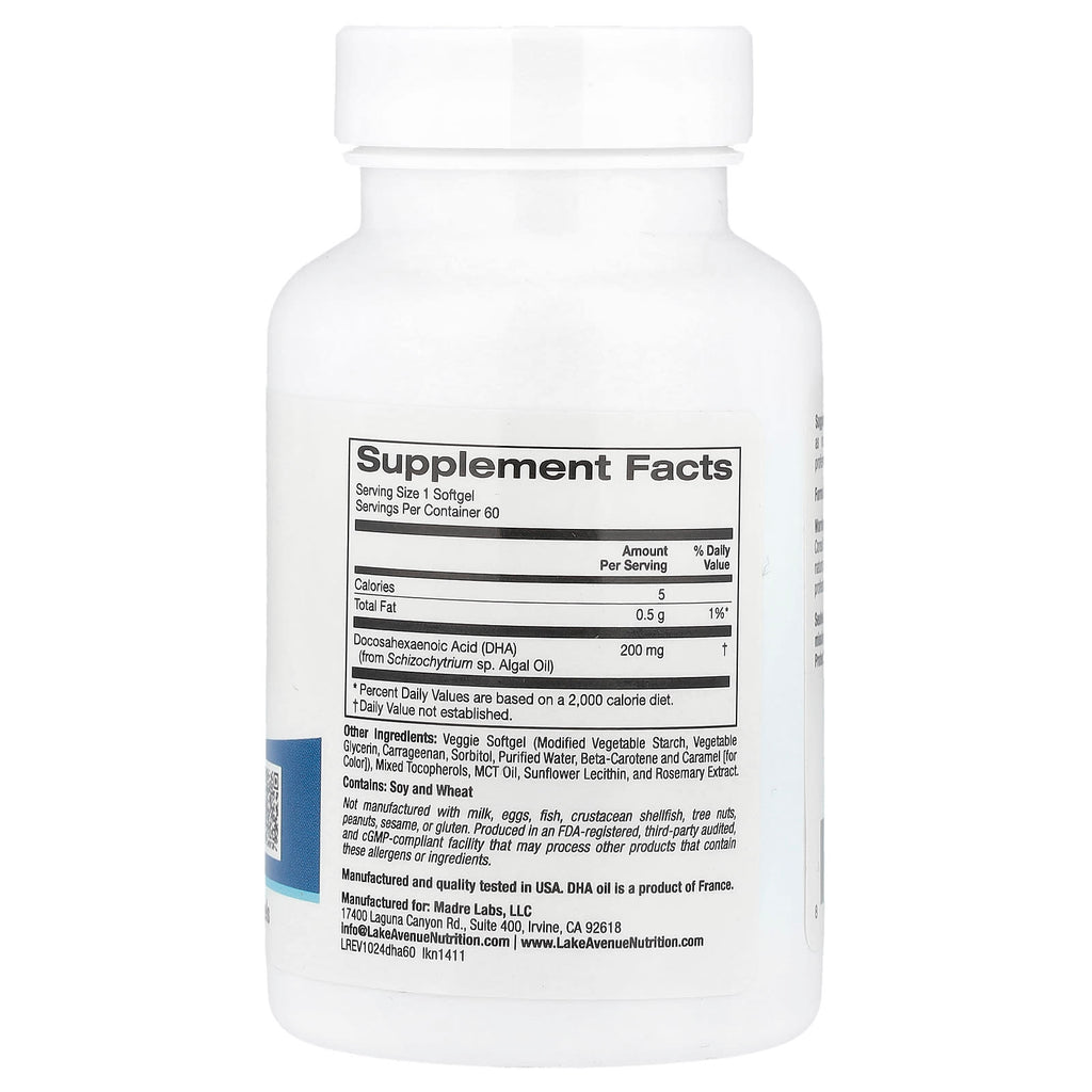 Lake Avenue Nutrition, DHA from Marine Algae, 200 mg, 60 Veggie Softgels