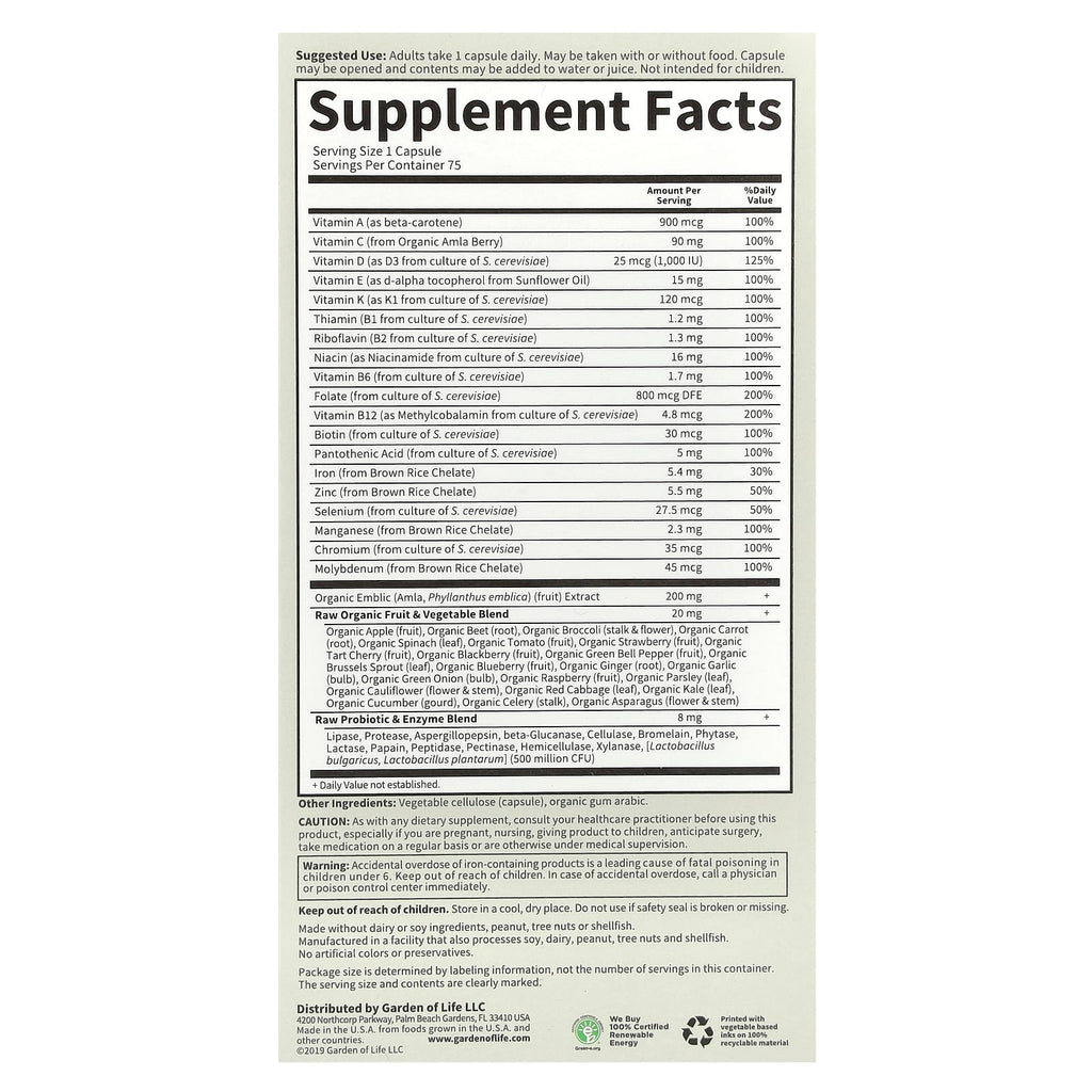 Garden of Life, Vitamin Code®, RAW One™, Once Daily Multivitamin For Women, 75 Vegetarian Capsules