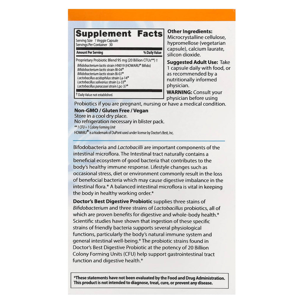 Doctor's Best, Digestive Probiotic 20 Billion with Howaru, 30 Veggie Caps