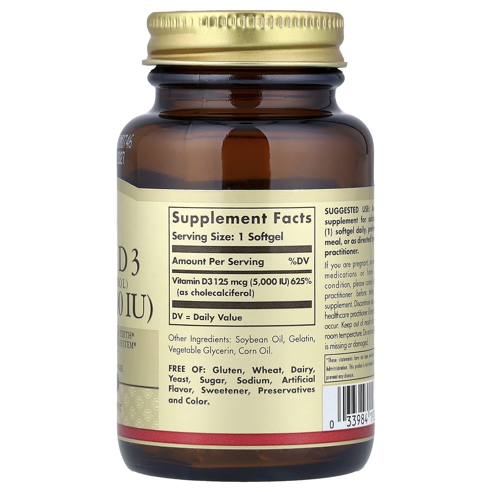 Solgar, Vitamin D3 (Cholecalciferol), 125 mcg (5,000 IU), 100 Softgels