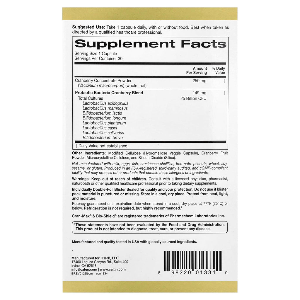 California Gold Nutrition, CranMax® LactoBif® Probiotics, 25 Billion CFU, 30 Veggie Capsules