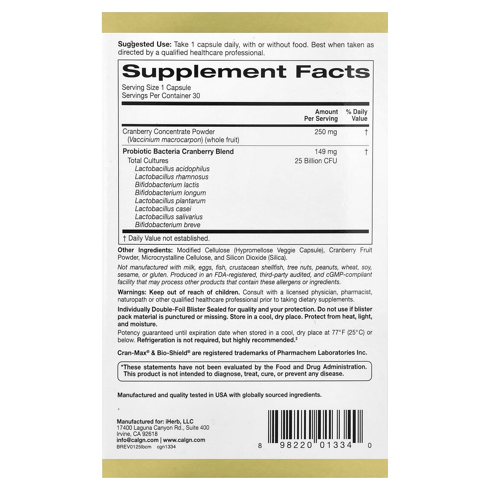 California Gold Nutrition, CranMax® LactoBif® Probiotics, 25 Billion CFU, 30 Veggie Capsules