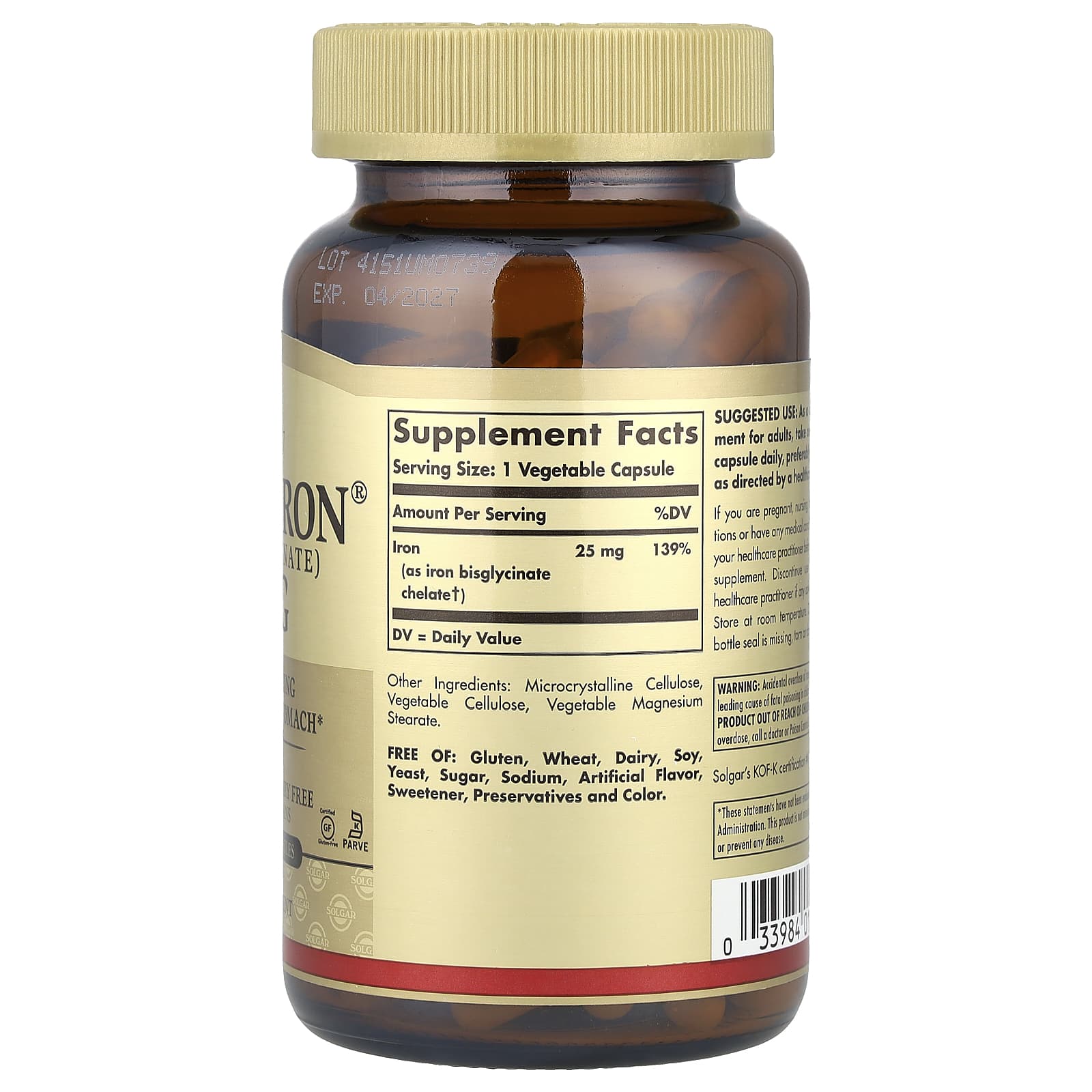 Solgar, Gentle Iron®, 25 mg, 180 Vegetable Capsules