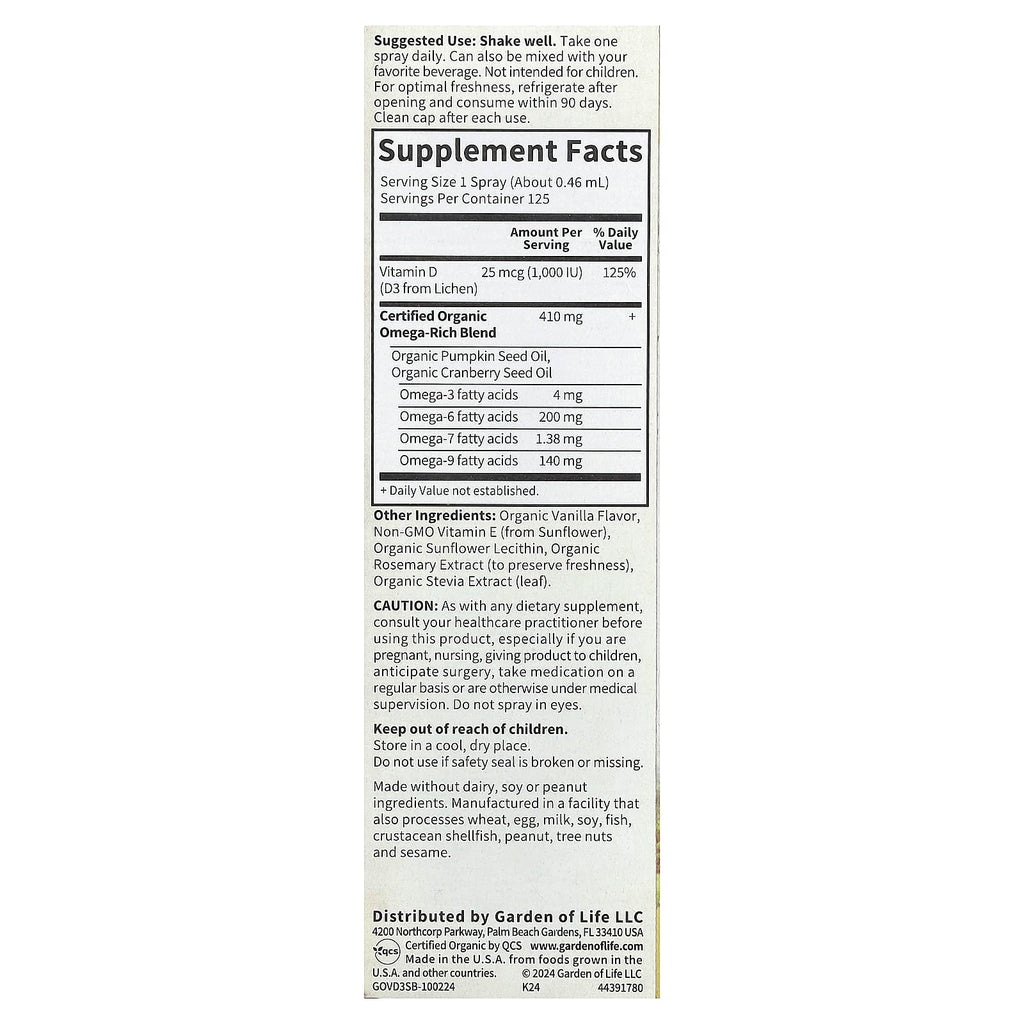 Garden of Life, Vegan D3 Organic Spray, Vanilla, 2 fl oz (58 ml)