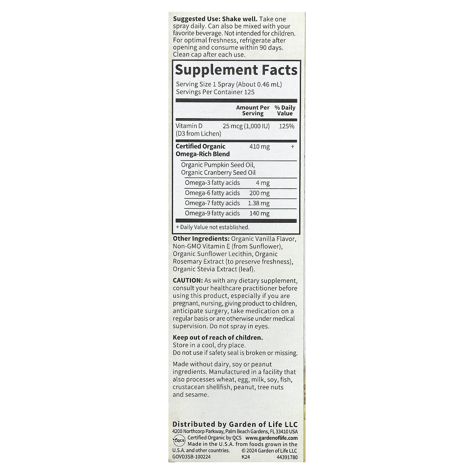 Garden of Life, Vegan D3 Organic Spray, Vanilla, 2 fl oz (58 ml)