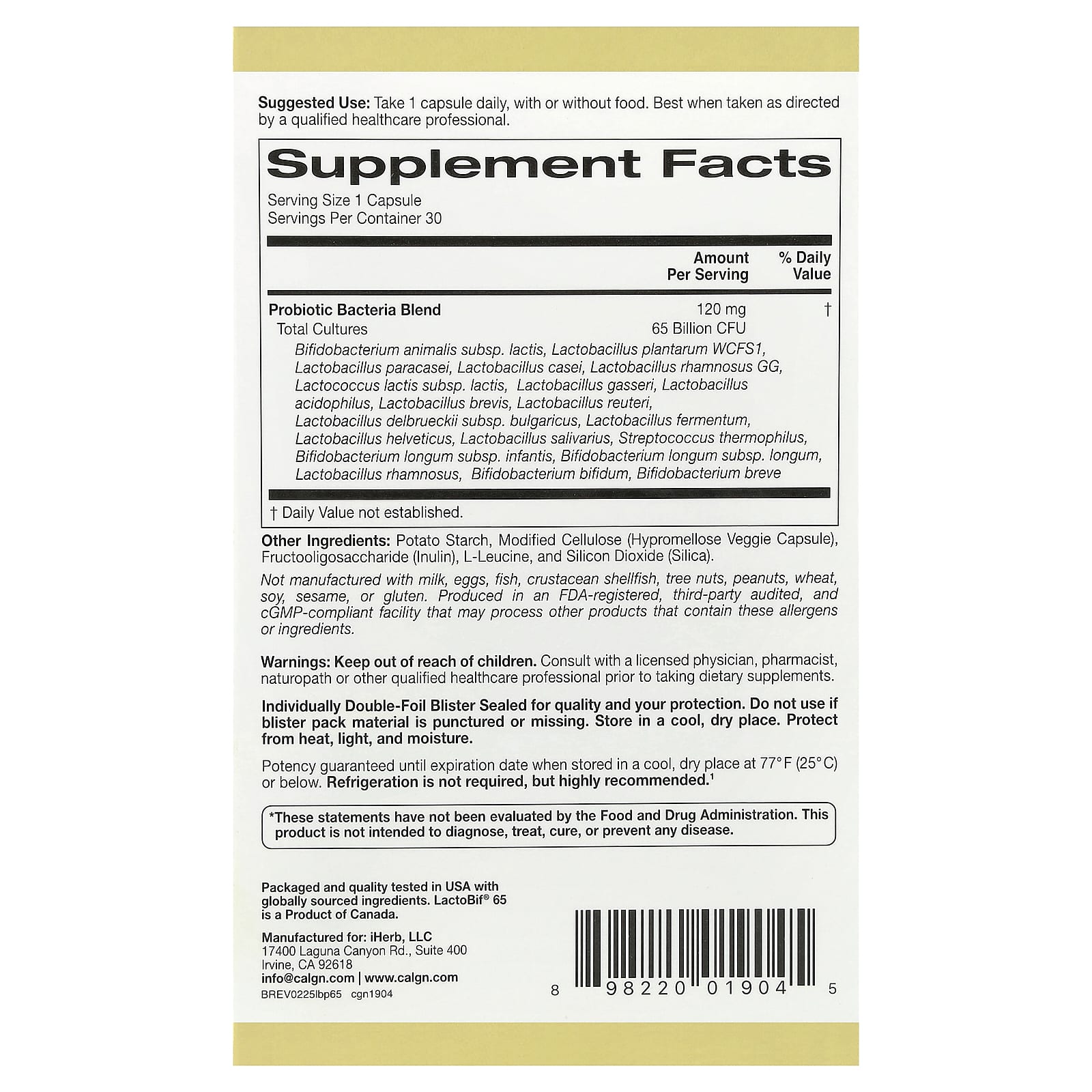 California Gold Nutrition, LactoBif® 65 Probiotics, 30 Veggie Capsules