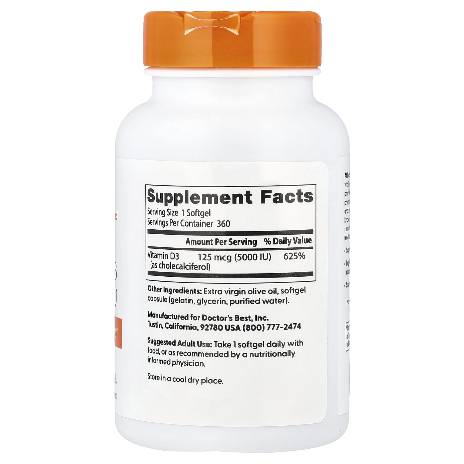 Doctor's Best, Vitamin D3, 125 mcg (5,000 IU), 360 Softgels