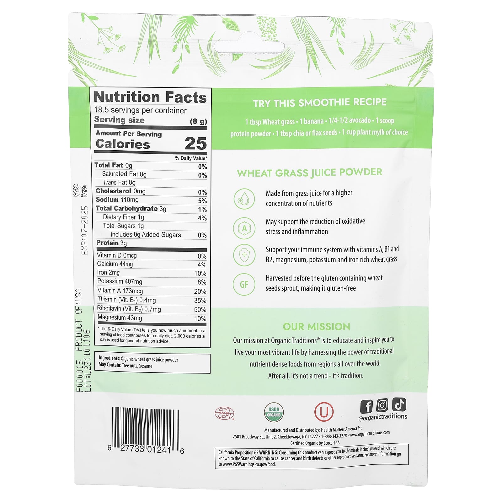 Organic Traditions, Wheat Grass Juice Powder, 5.3 oz (150 g)