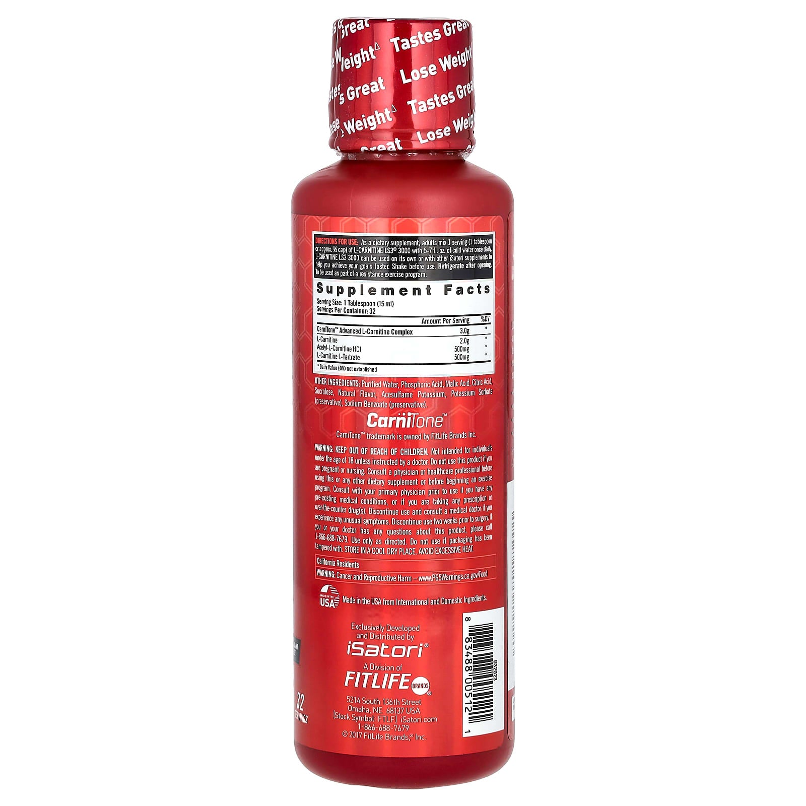 Isatori, L-Carnitine LS3 3000, Gummy Bear, 3,000 mg, 16 fl oz (480 ml)