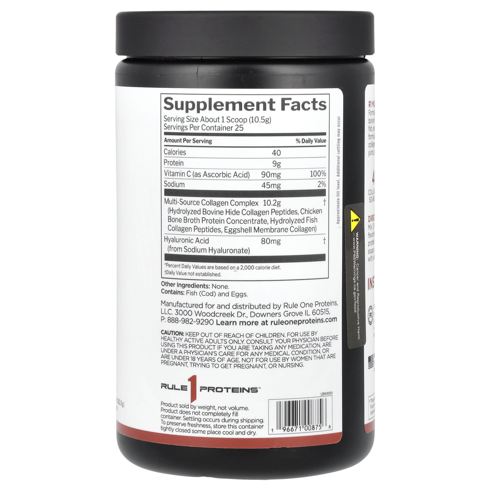 Rule One Proteins, Multi-Source Collagen + Vitamin C and Hyaluronic Acid, Unflavored, 9.26 oz (262.5 g)