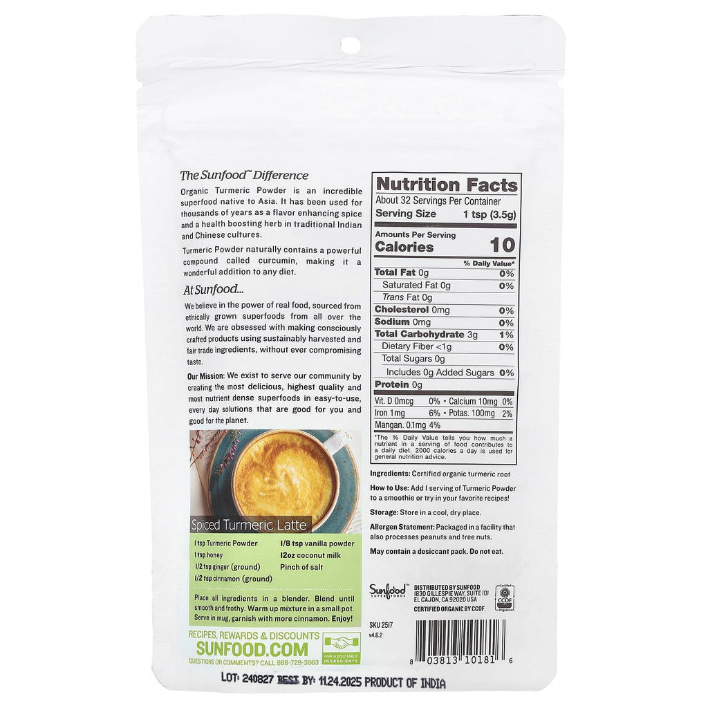 Sunfood, Organic Turmeric Powder, 4 oz (113 g)