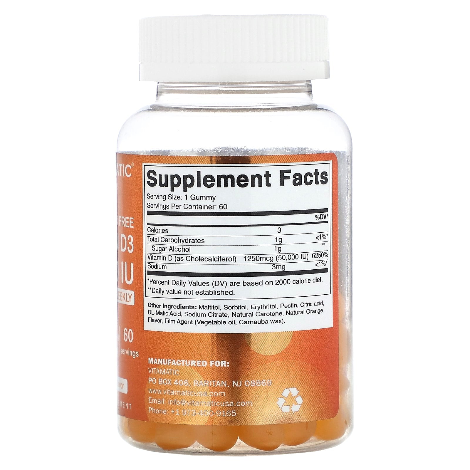 Vitamatic, Sugar Free Vitamin D3, Natural Orange, 50,000 IU, 60 Gummies