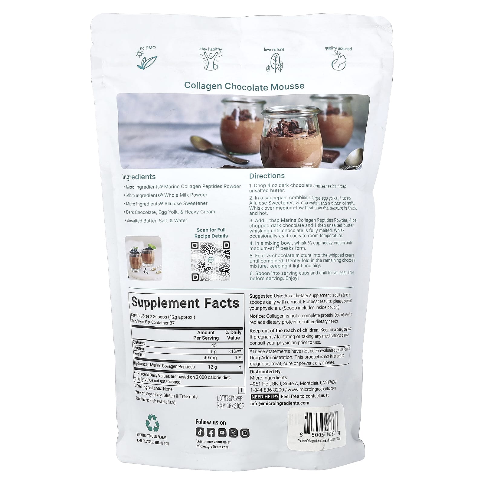 Micro Ingredients, Marine Collagen, Unflavored, 1 lb (454 g)