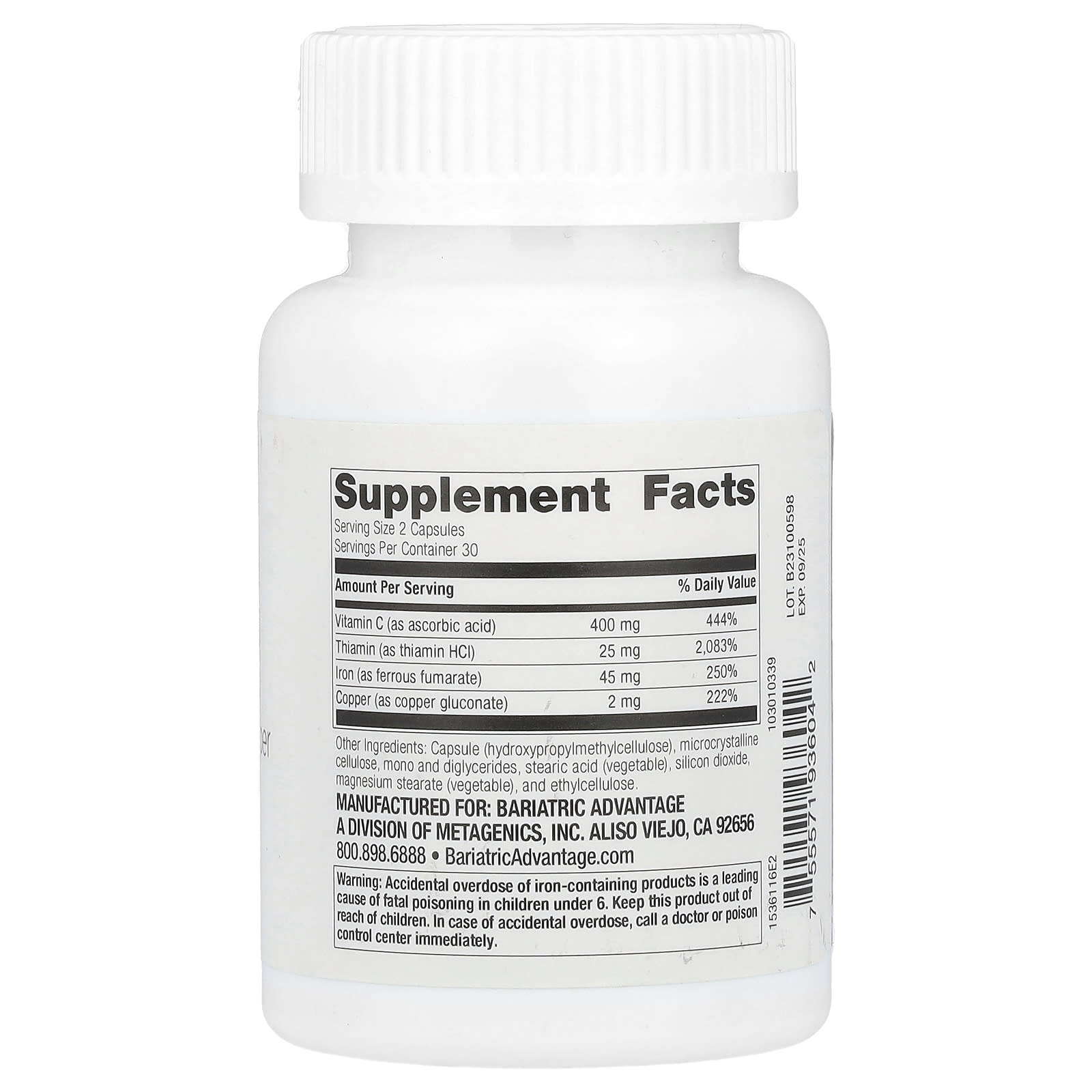 Bariatric Advantage, Iron with Vitamin C, Thiamin, and Copper, 60 Capsules