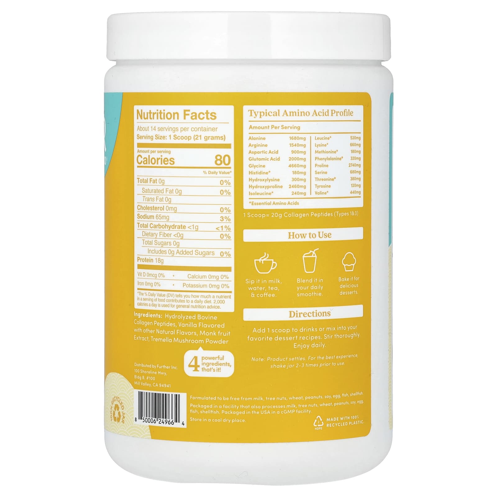 Further Food, Grass-Fed Collagen Peptides + Tremella Mushroom, Vanilla, 10.37 oz (294 g)