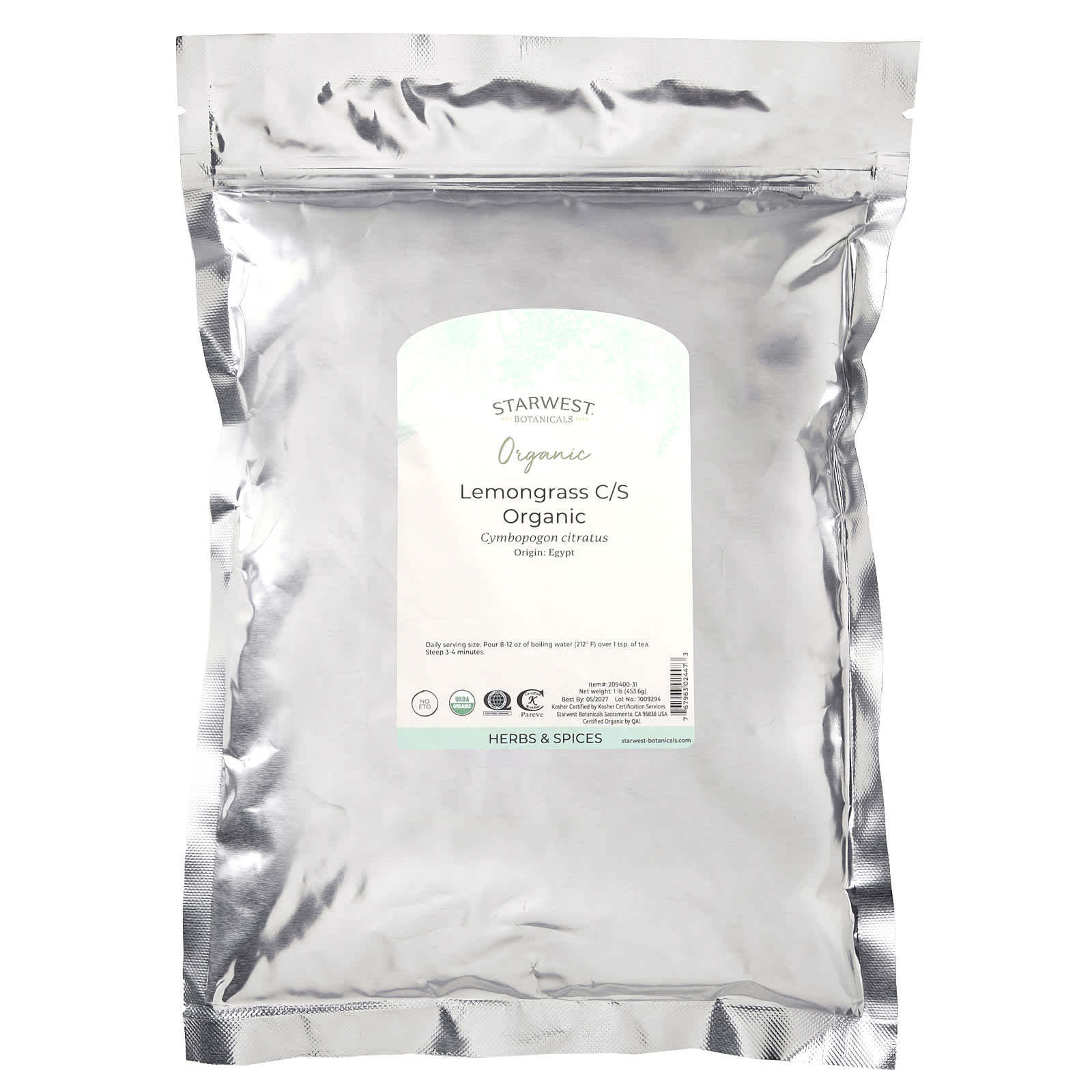 Starwest Botanicals, Organic Lemongrass C/S, 1 lb (453.6 g)