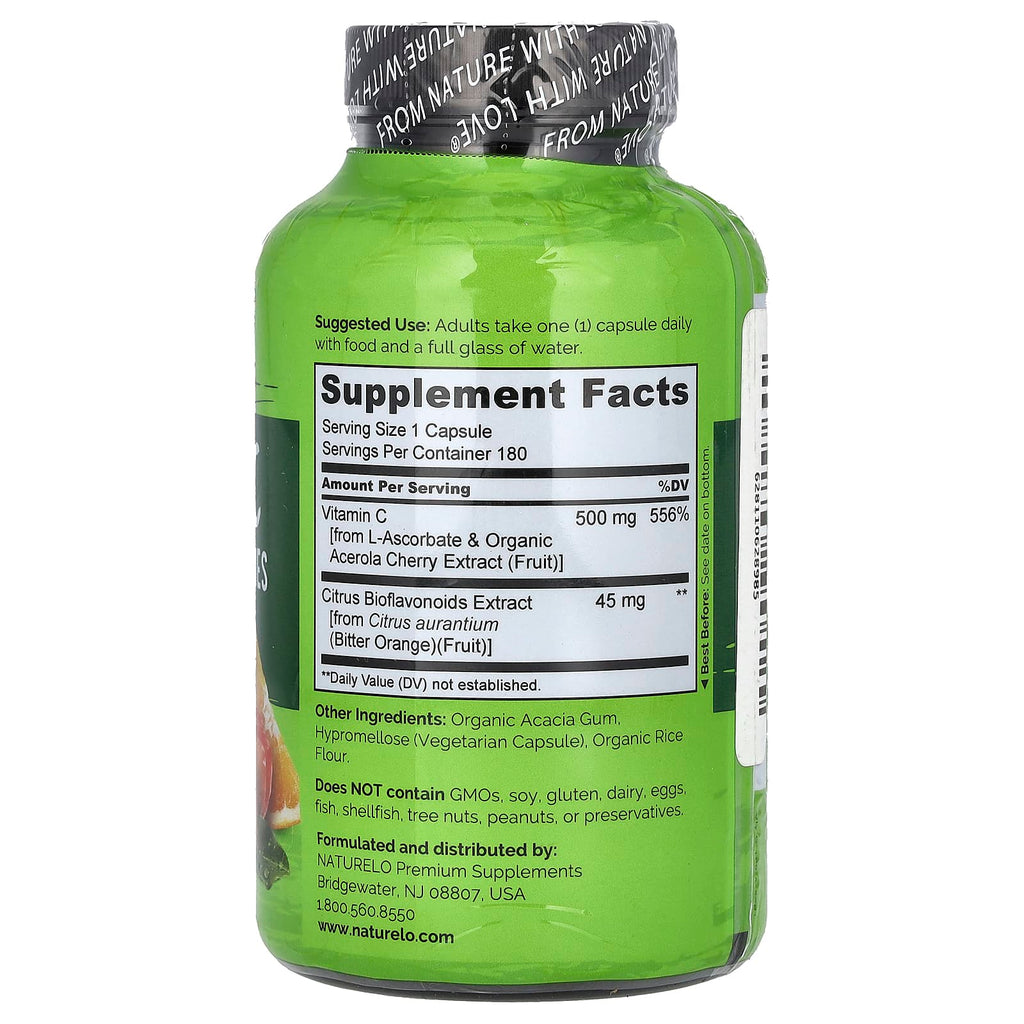 NATURELO, Vitamin C With Acerola Cherries Plus Citrus Bioflavonoids, 180 Vegetarian Capsules