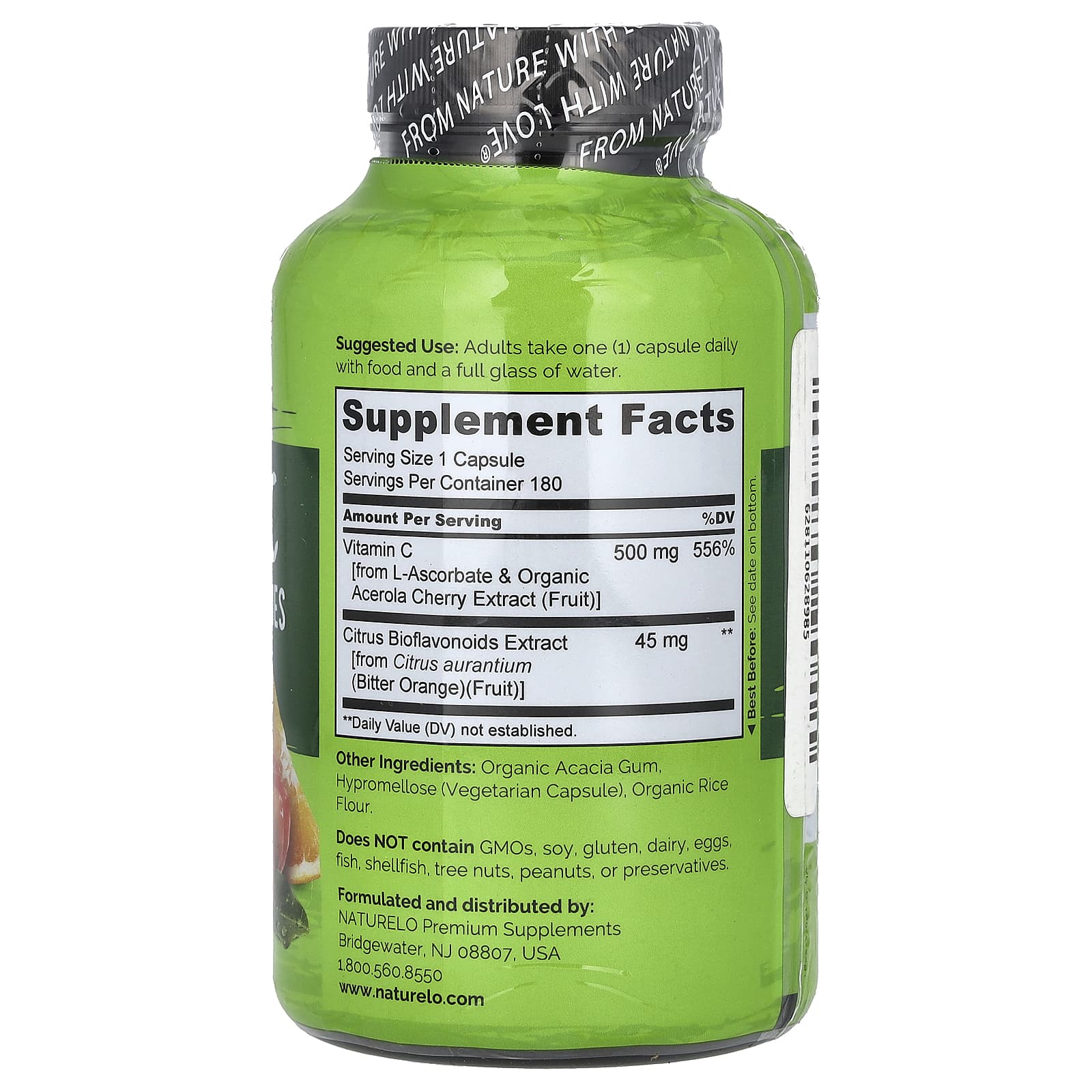NATURELO, Vitamin C With Acerola Cherries Plus Citrus Bioflavonoids, 180 Vegetarian Capsules