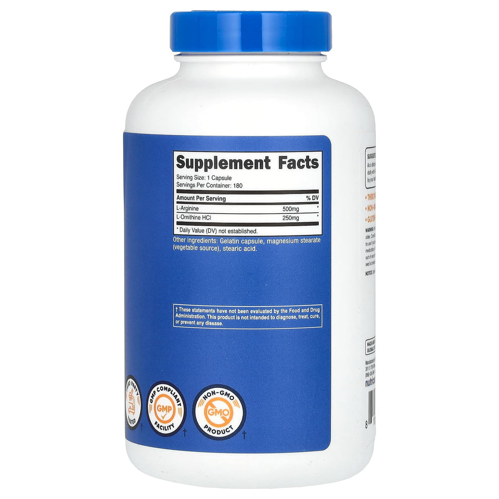 Nutricost, L-Arginine + L-Ornithine, 750 mg, 180 Capsules