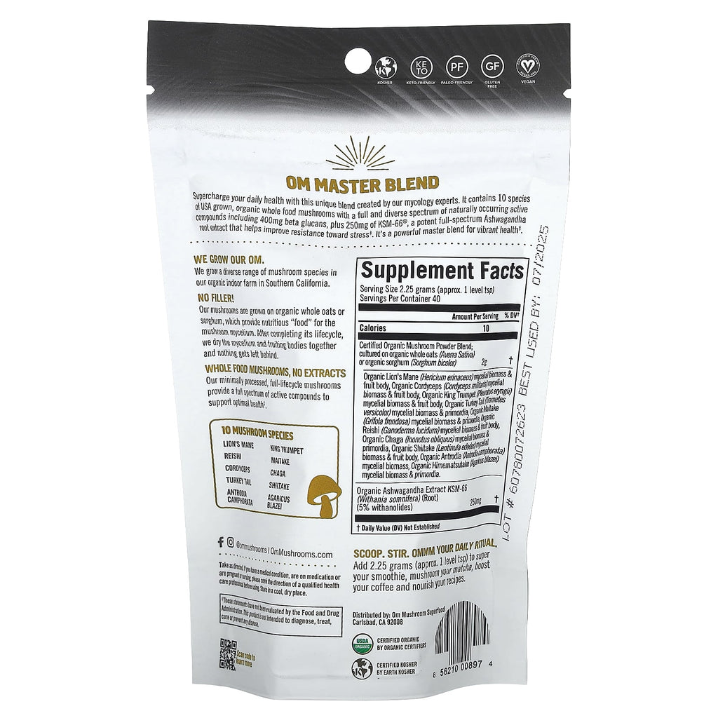 Om Mushrooms, Master Blend, Certified Organic Mushroom Powder + Botanicals, 3.17 oz (90 g)