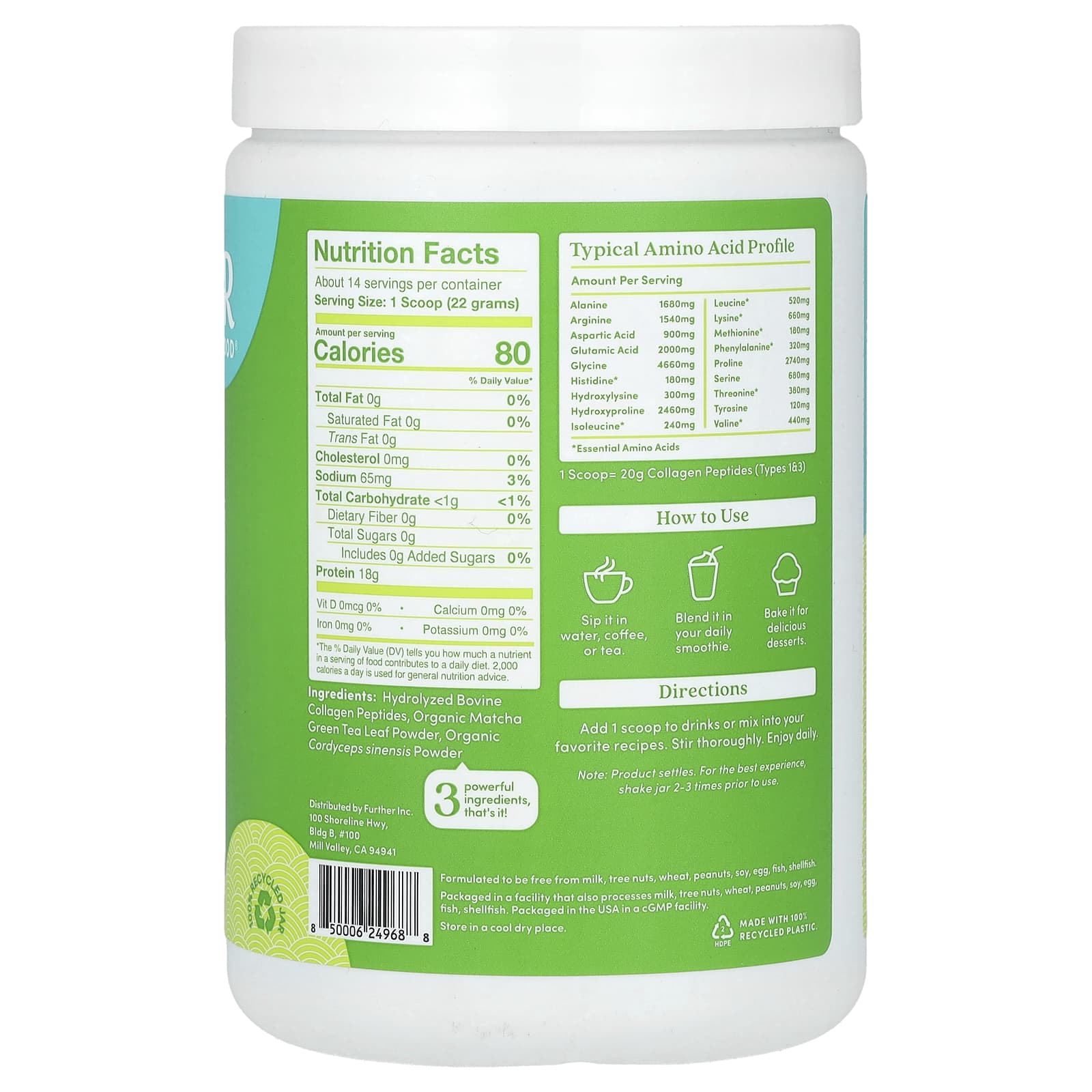 Further Food, Grass-Fed Collagen Peptides + Cordyceps Mushroom, Matcha, 10.62 oz (301 g)