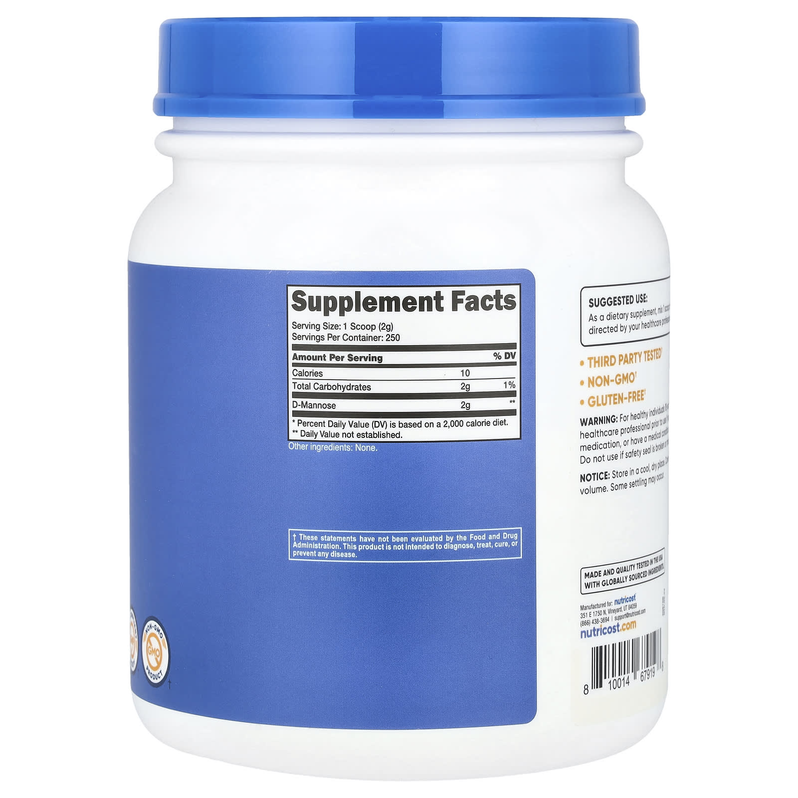 Nutricost, D-Mannose, Unflavored, 17.9 oz (500 g)