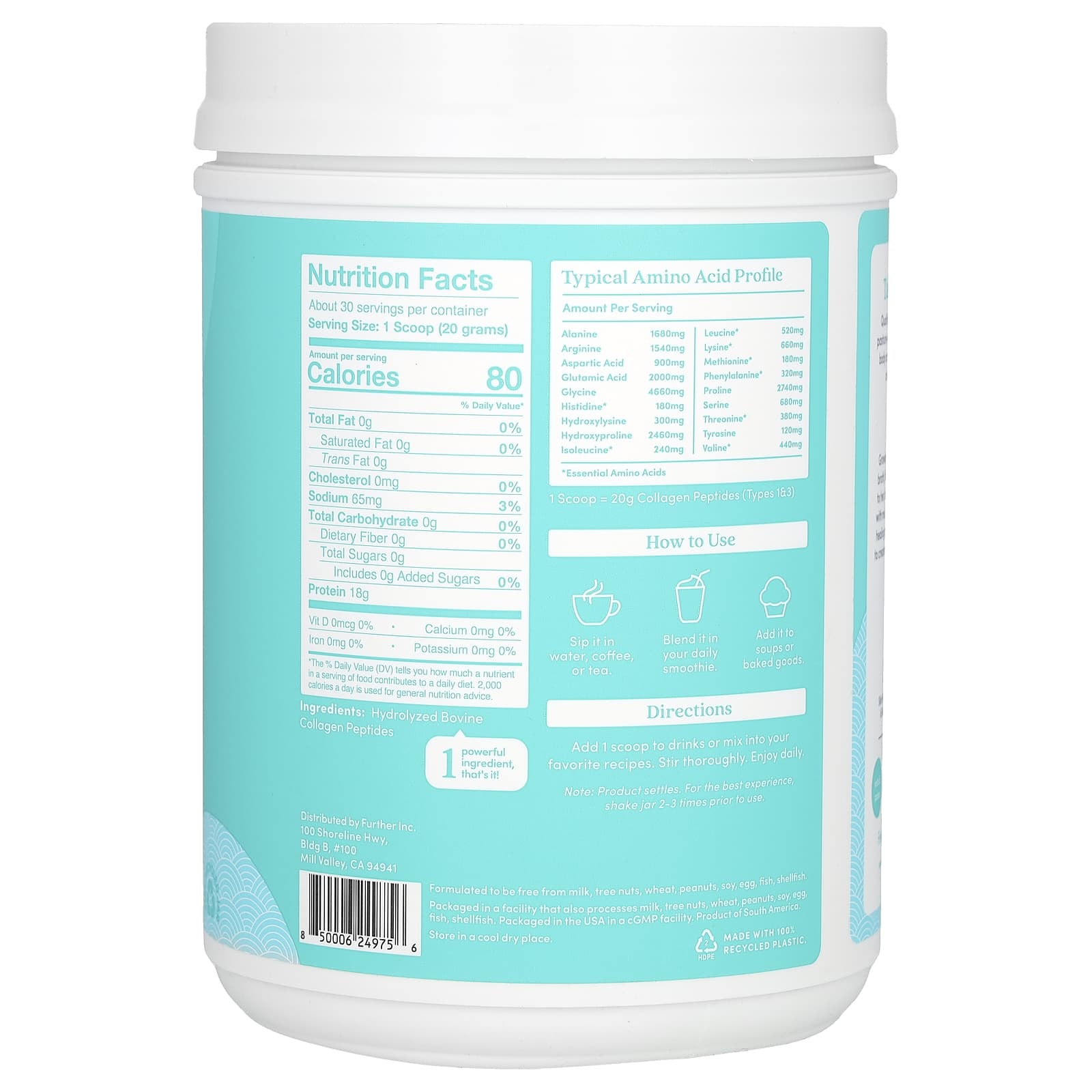Further Food, Grass-Fed Collagen Peptides, Unflavored, 21.16 oz (600 g)