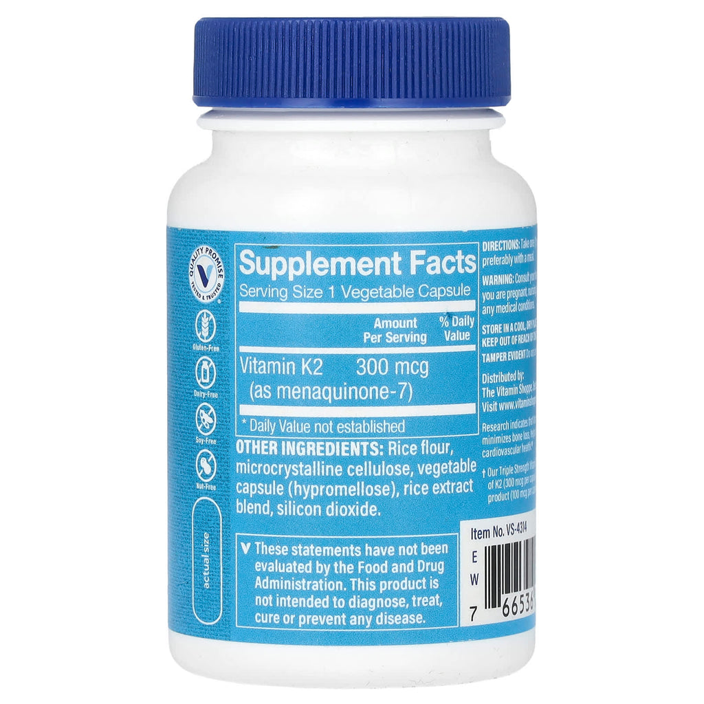 The Vitamin Shoppe, Triple Strength Vitamin K2, 300 mcg, 60 Vegetable Capsules