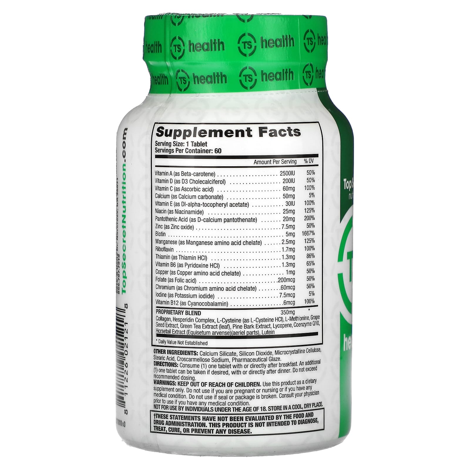 Top Secret Nutrition, Health, Hair Skin + Nails, 60 Tablets